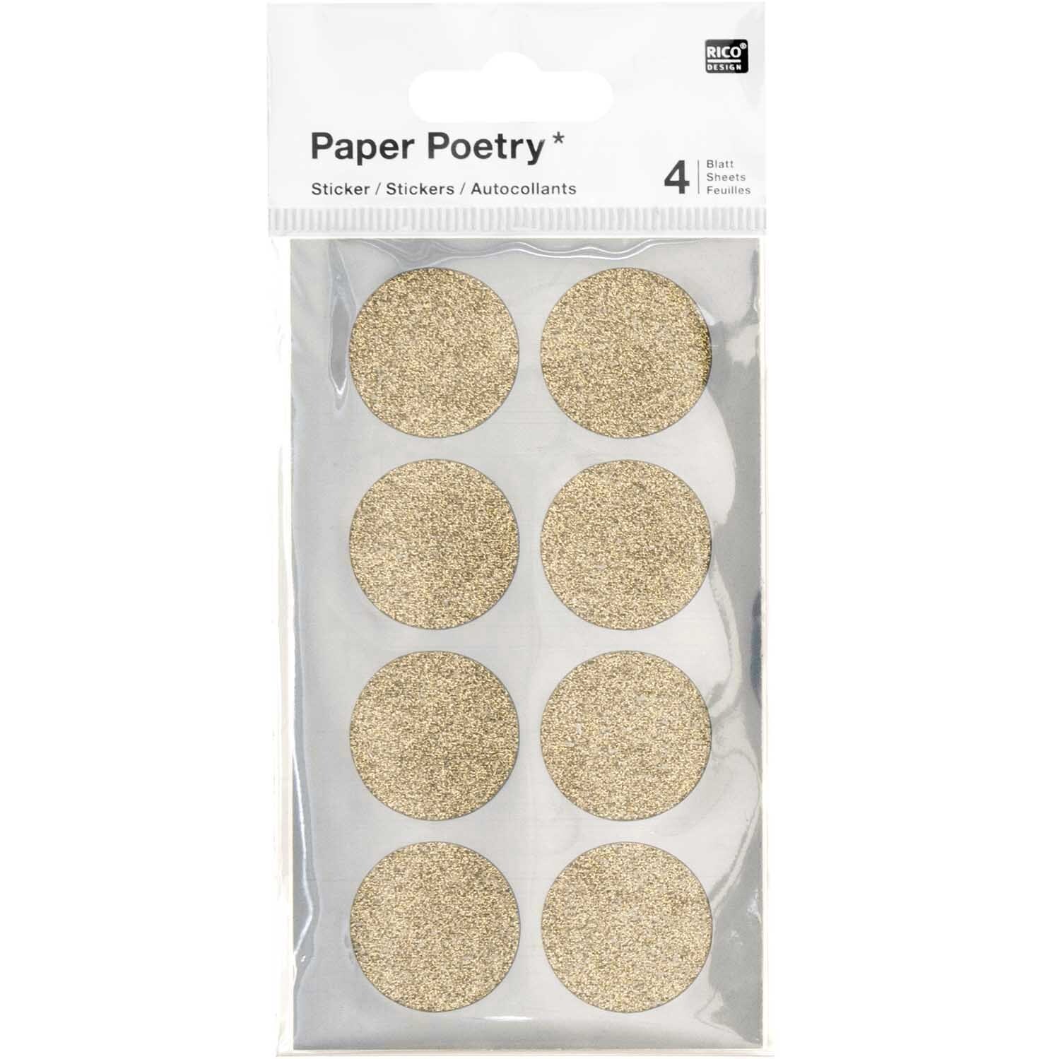 Paper Poetry Sticker Kreise Glitter gold 4 Blatt Größe 25mm von Rico Design Paper Poetry Sticker Kreise Glitter gold, 4 Blatt, von Rico Design. Enthält goldene Glitzerkreise.