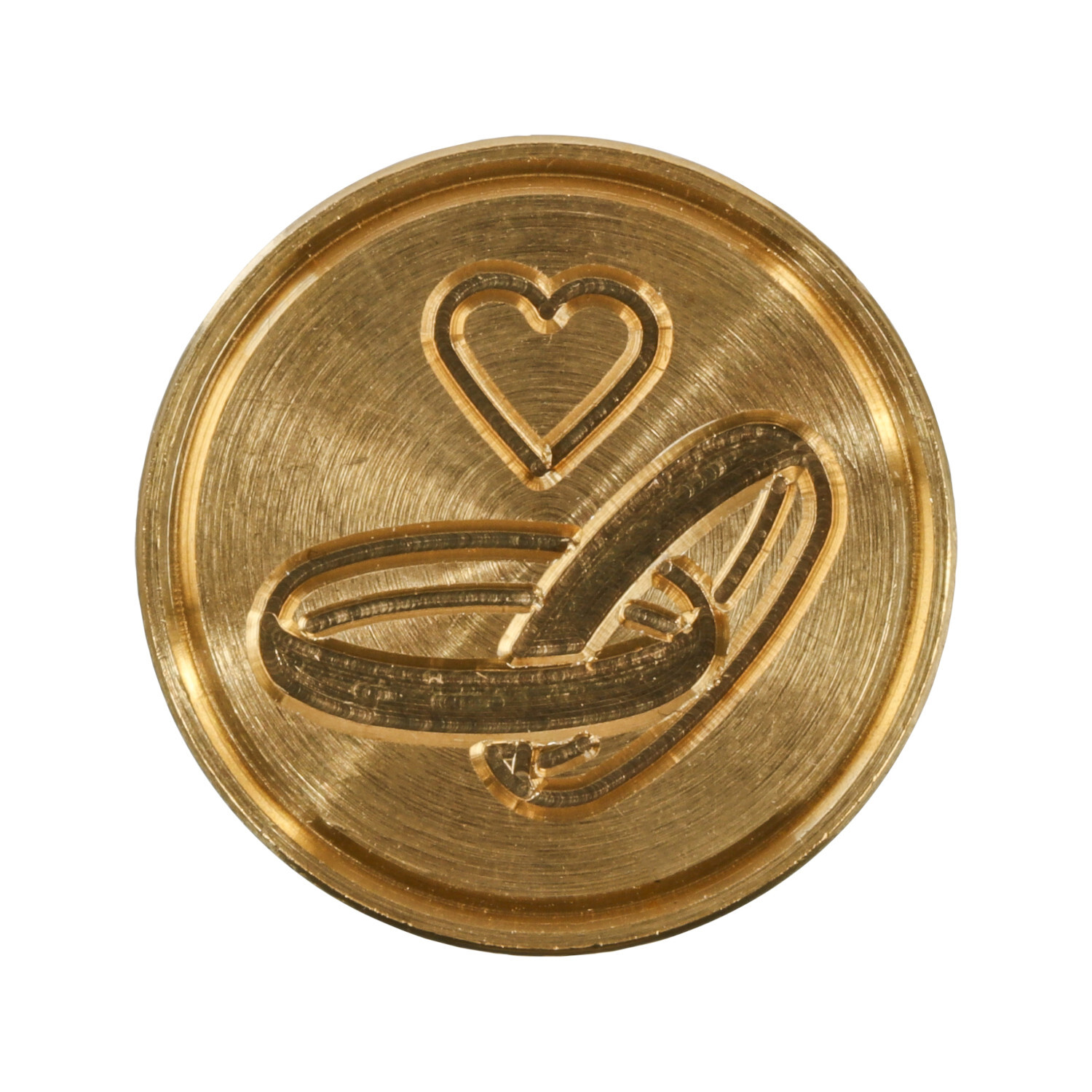 Siegelplatte Allianzen: Runde goldene Platte mit gravierten Ringen und Herzmotiv, ideal für Hochzeitsdekorationen.