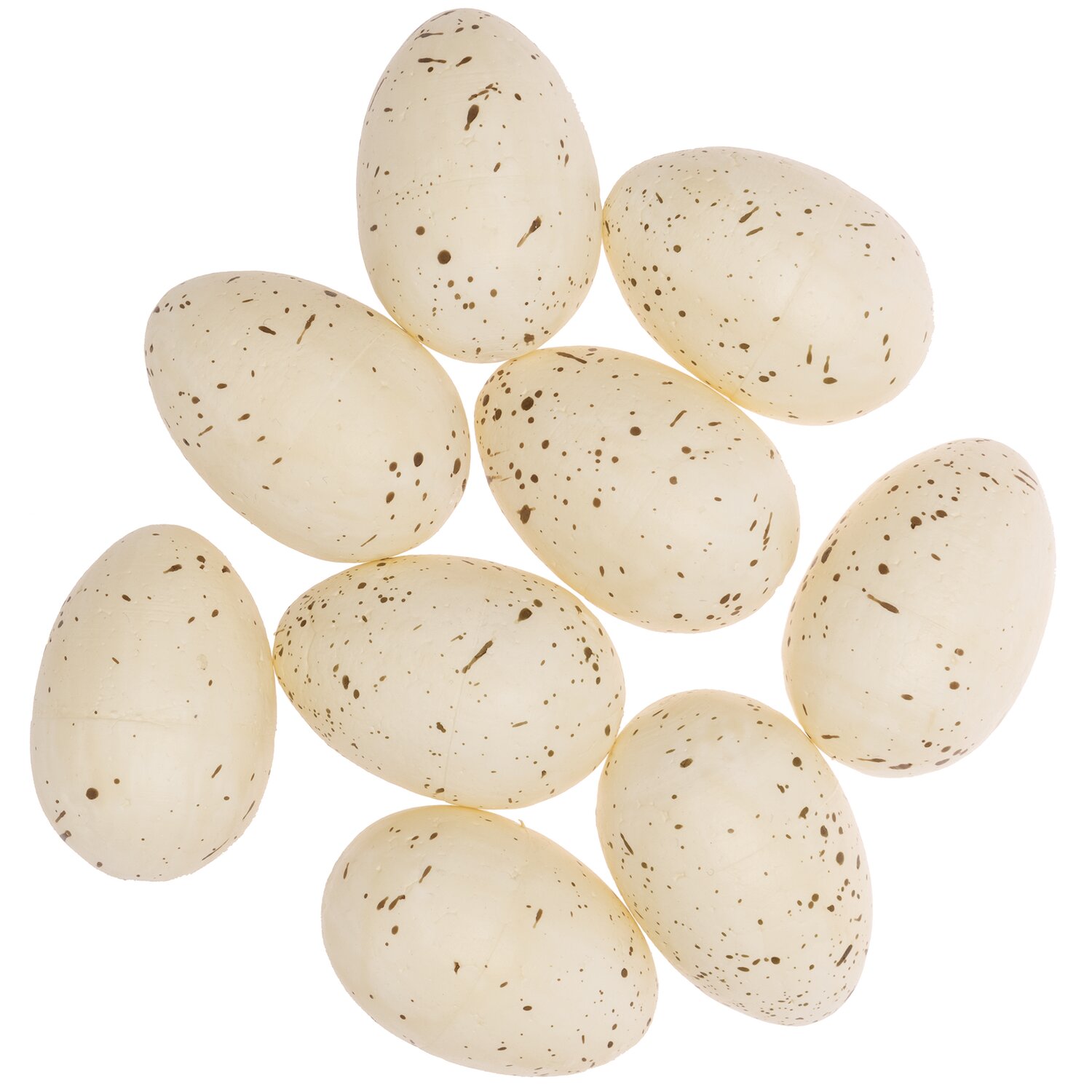 Eier im Netz 6cm 9 Stück, cremefarbene Deko-Eier mit braunen Sprenkeln, ideal für Bastelprojekte.