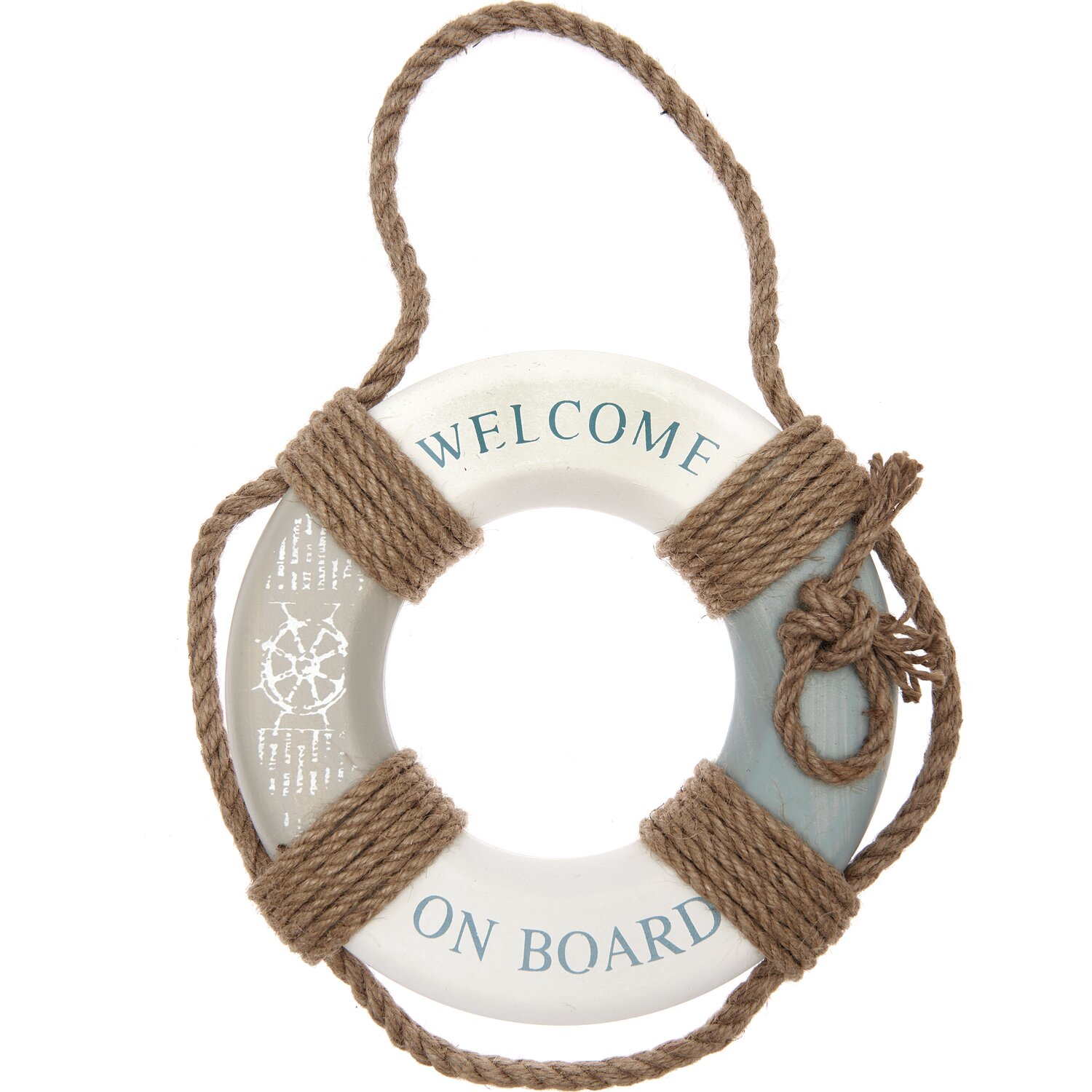 Holzhänger Rettungsring 21,5cm mit Seil, weiß-blau, dekorativ für maritime Themen.