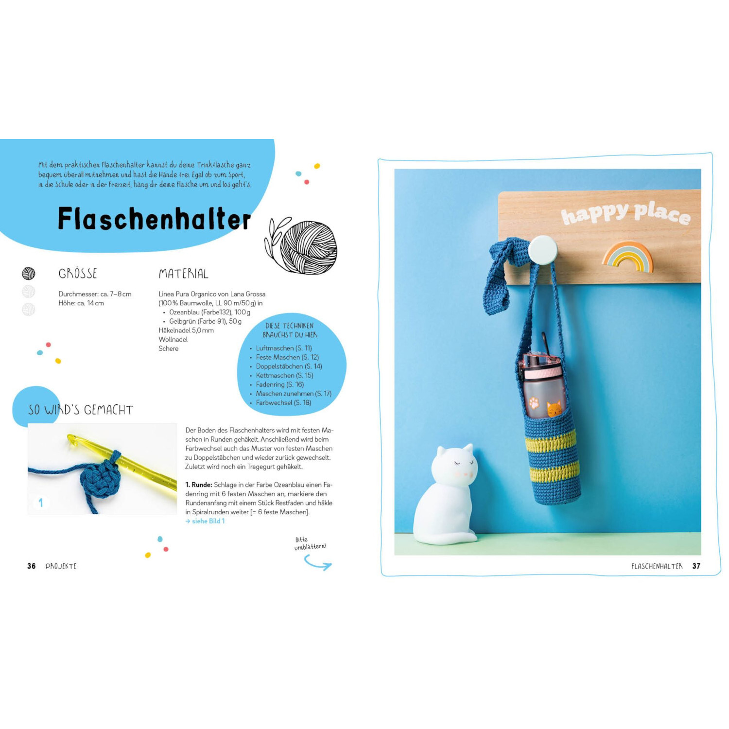 Häkeln - Super easy für Kids von Edition Michael Fischer Häkeln - Super easy für Kids: Anleitung für blauen Flaschenhalter mit gelben Streifen, präsentiert auf hellem Hintergrund.