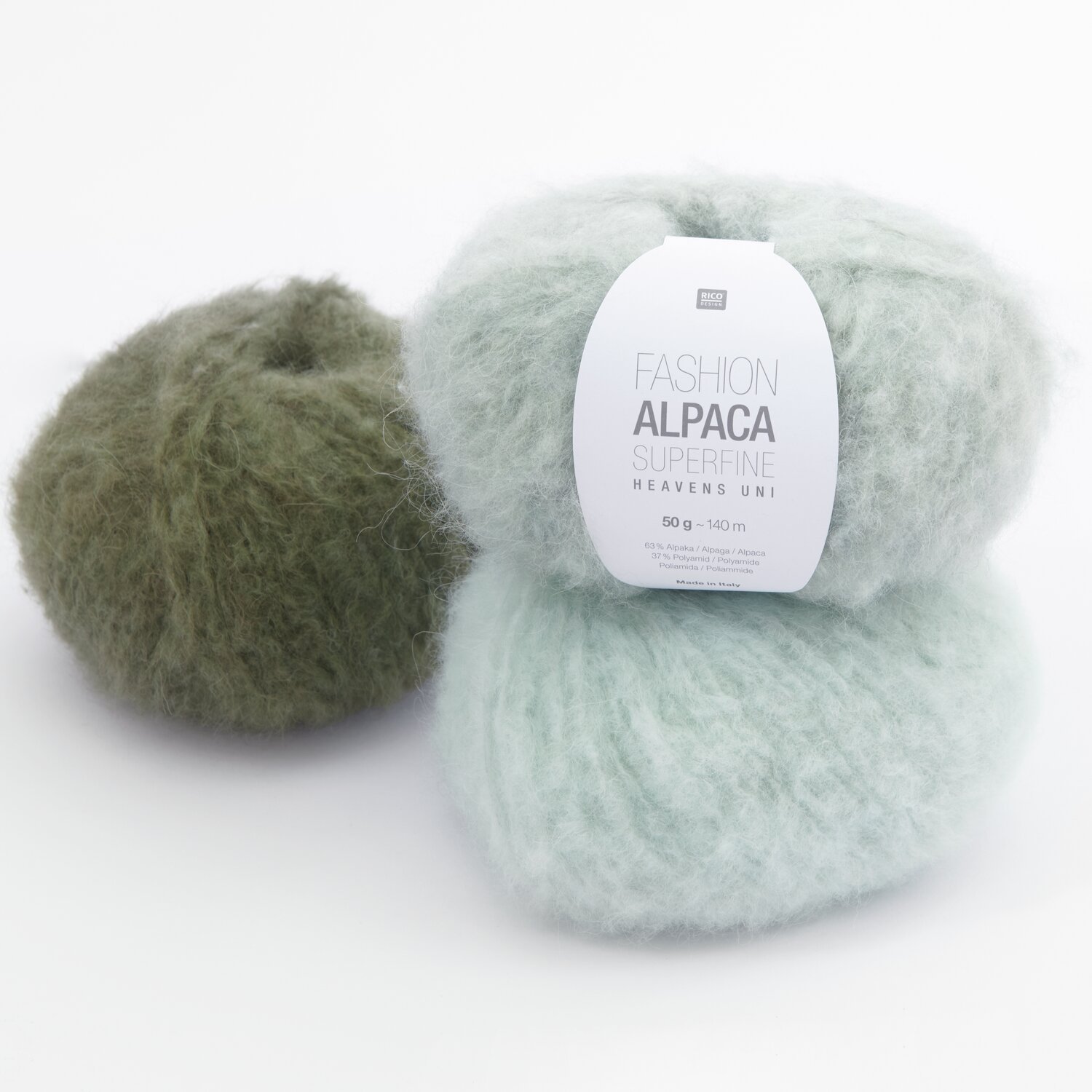 Fashion Alpaca Superfine Heavens Uni: Zwei Wollknäuel in Mint und Olivgrün, 50g 140m, weiche Textur.