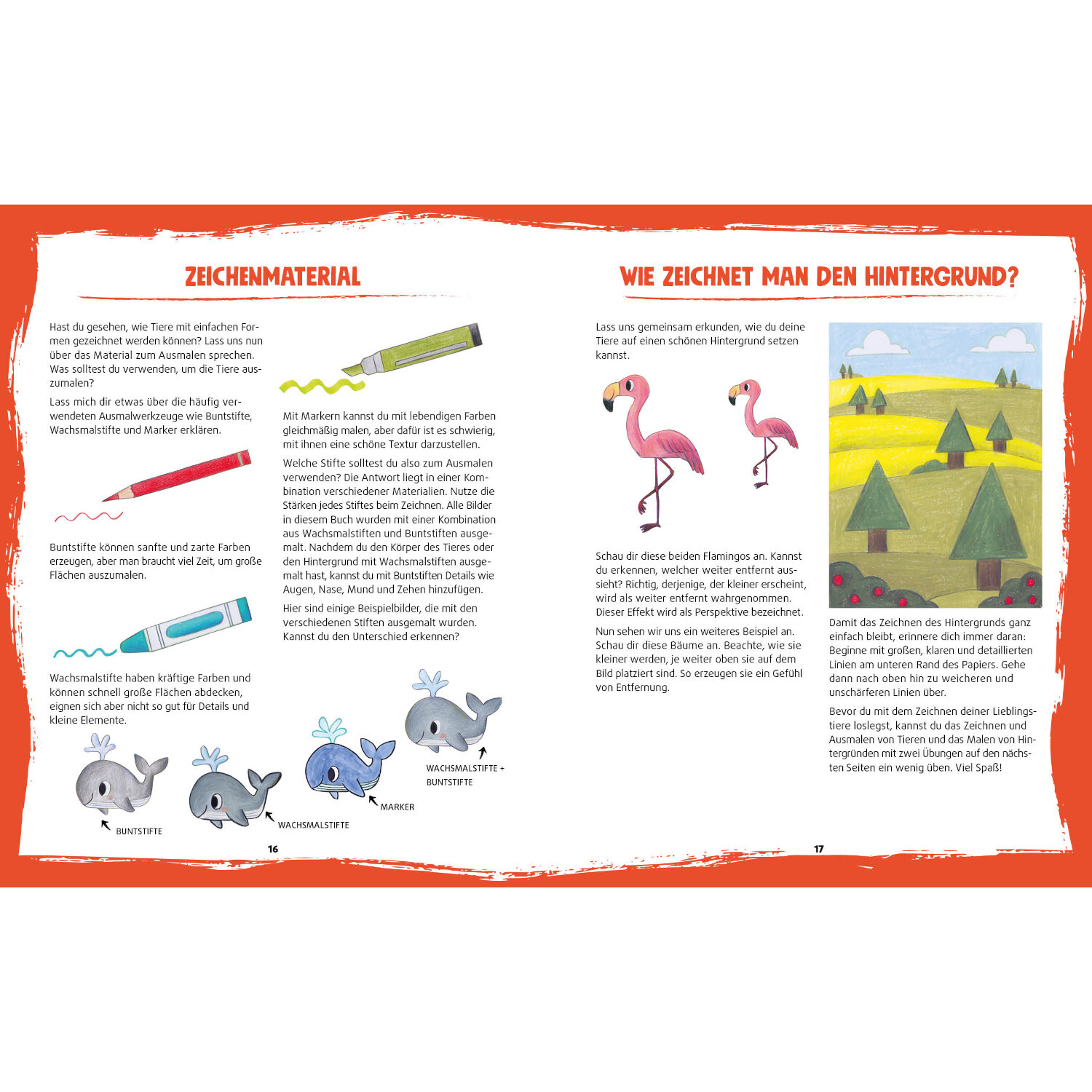 Tiere zeichnen für Kids: Doppelseite mit Anleitungen zum Zeichnen von Tieren und Hintergründen.