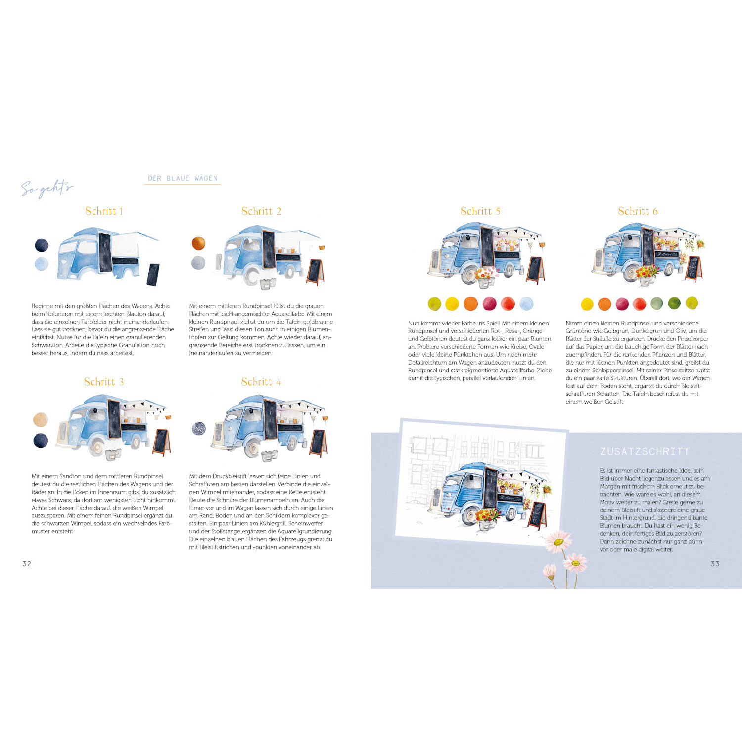 Secret Places - Watercolor: Doppelseite mit blauen Aquarell-Illustrationen und Farbpaletten.