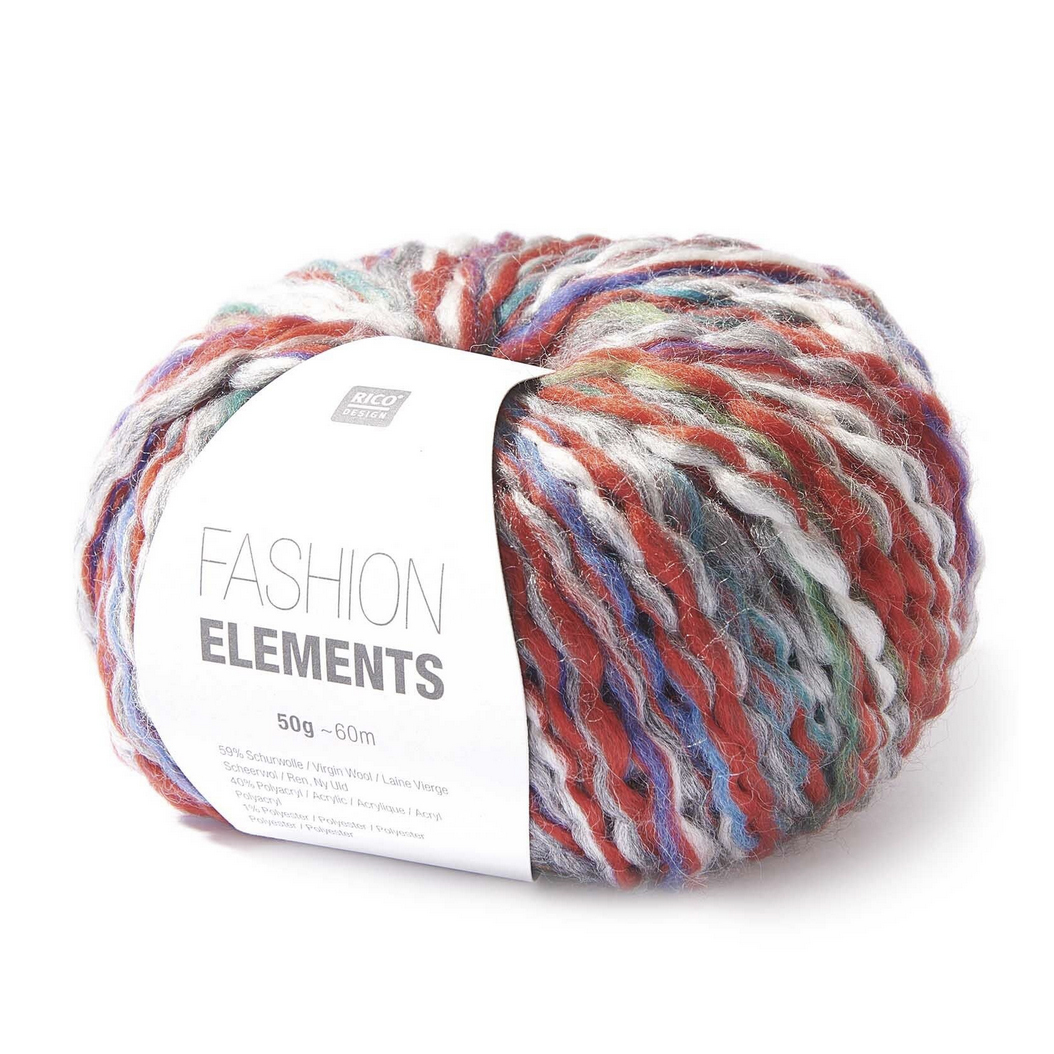 Fashion Elements: Bunte Wolle von Rico Design in Rot-, Blau- und Grautönen, 50g 60m, ideal für kreative Strickprojekte.