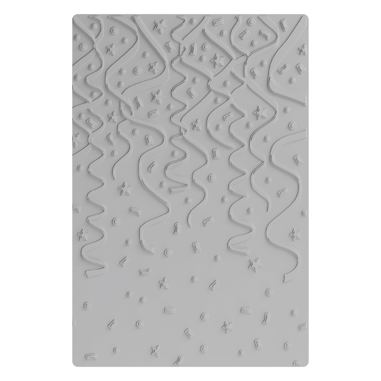 Sizzix Embossing Folder Party Time zeigt rechteckige Prägeform mit feinen Konfetti- und Luftschlangen-Motiven, ideal für kreative Karten, Einladungen und Scrapbooking