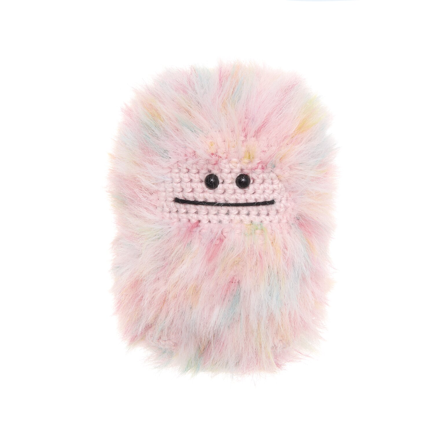Ricorumi Marvellous Monsters Under My Bed, flauschiges mehrfarbiges Häkelmonster mit Sicherheitsaugen von Rico Design, stehend vor weißem Hintergrund
