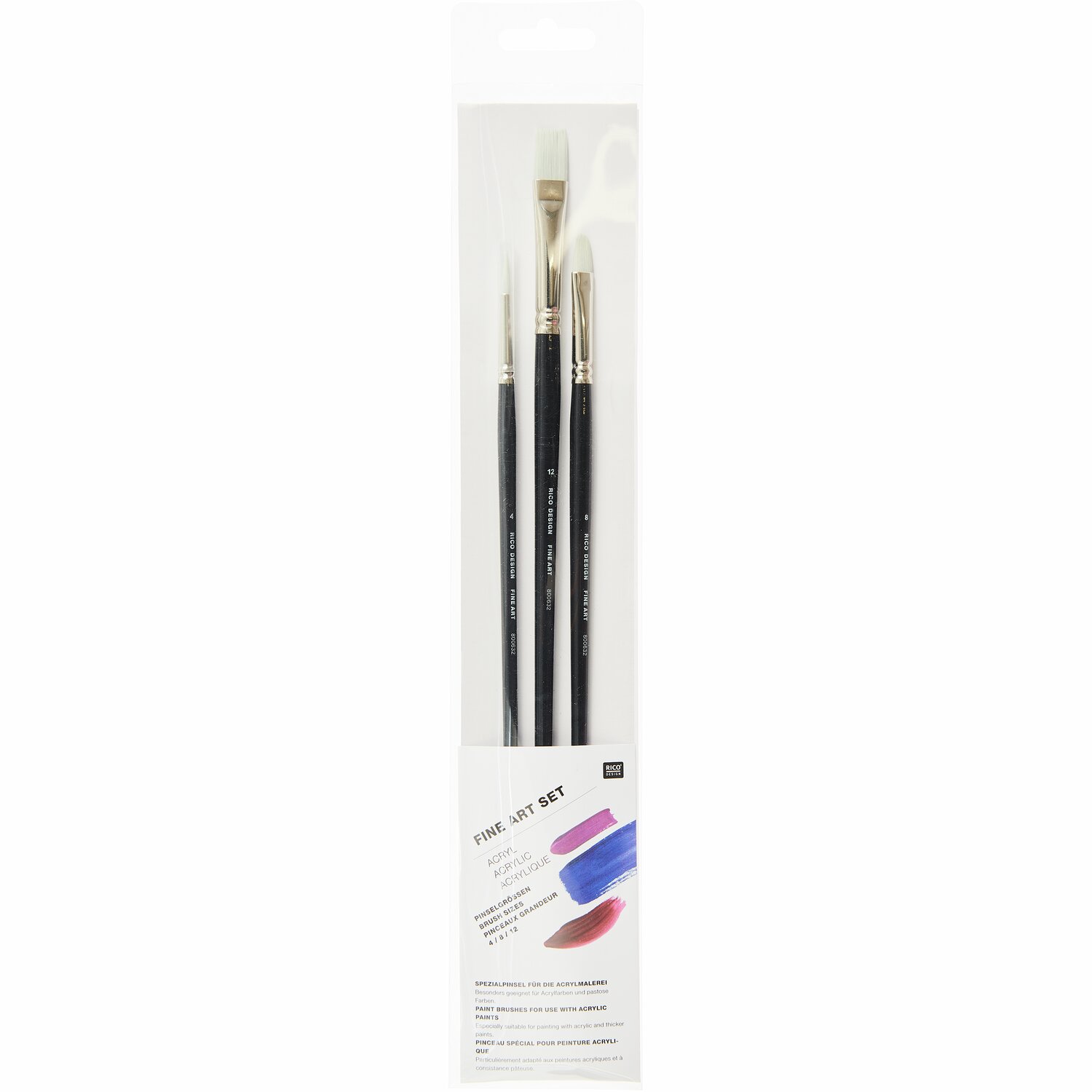 Fine Art Acrylset, 3-teilig: Schwarze Pinsel von Rico Design in transparenter Verpackung, ideal für kreative Malprojekte.