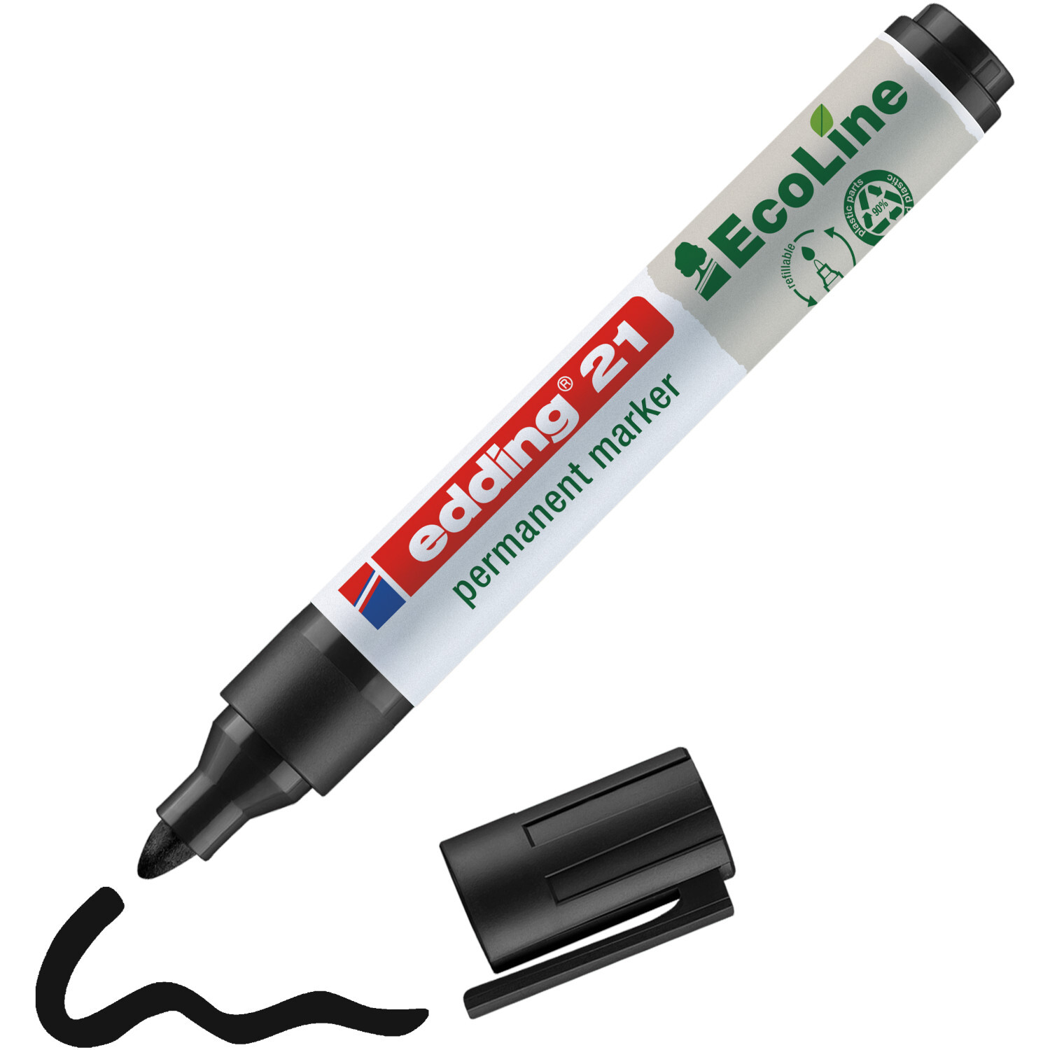 21 EcoLine Permanentmarker 1,5-3mm Farbe Schwarz von edding International 21 EcoLine Permanentmarker 1,5-3mm von edding in Schwarz, mit abnehmbarer Kappe und geschwungener Linie. Ideal für dauerhaftes Markieren.