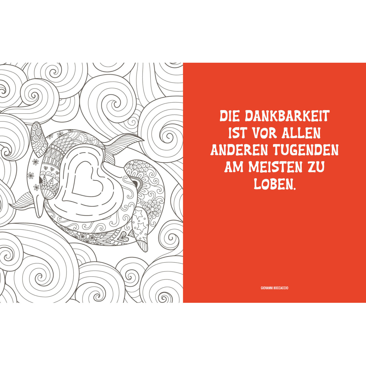 Colorful Mandala - Dankbarkeit: Schwarz-weißes Mandala mit Herzmotiv, Zitat auf rotem Hintergrund.