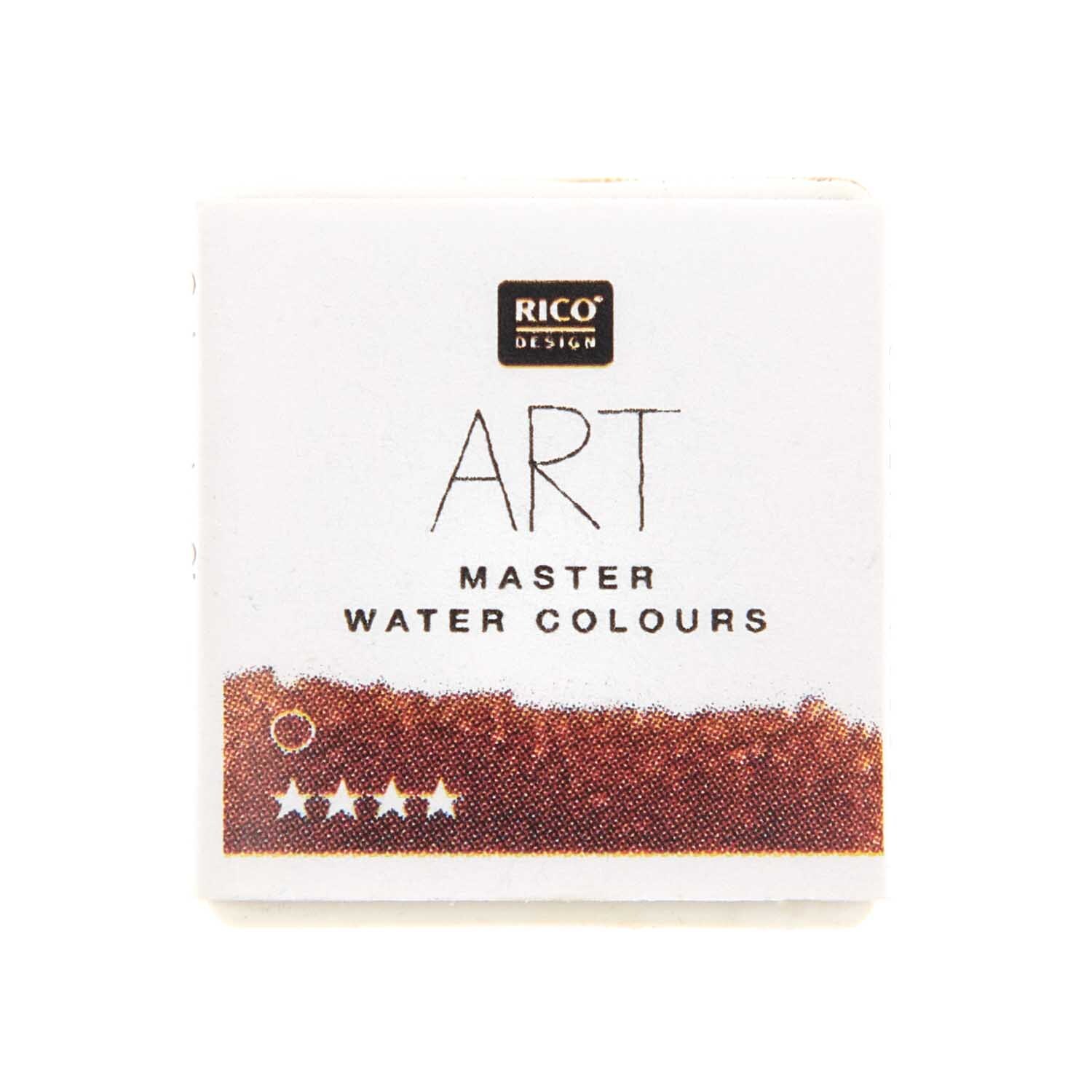ART Master Aquarellfarbe halbes Näpfchen in gebranntem Sienna von Rico Design, zeigt Verpackung mit Farbmuster und Logo.
