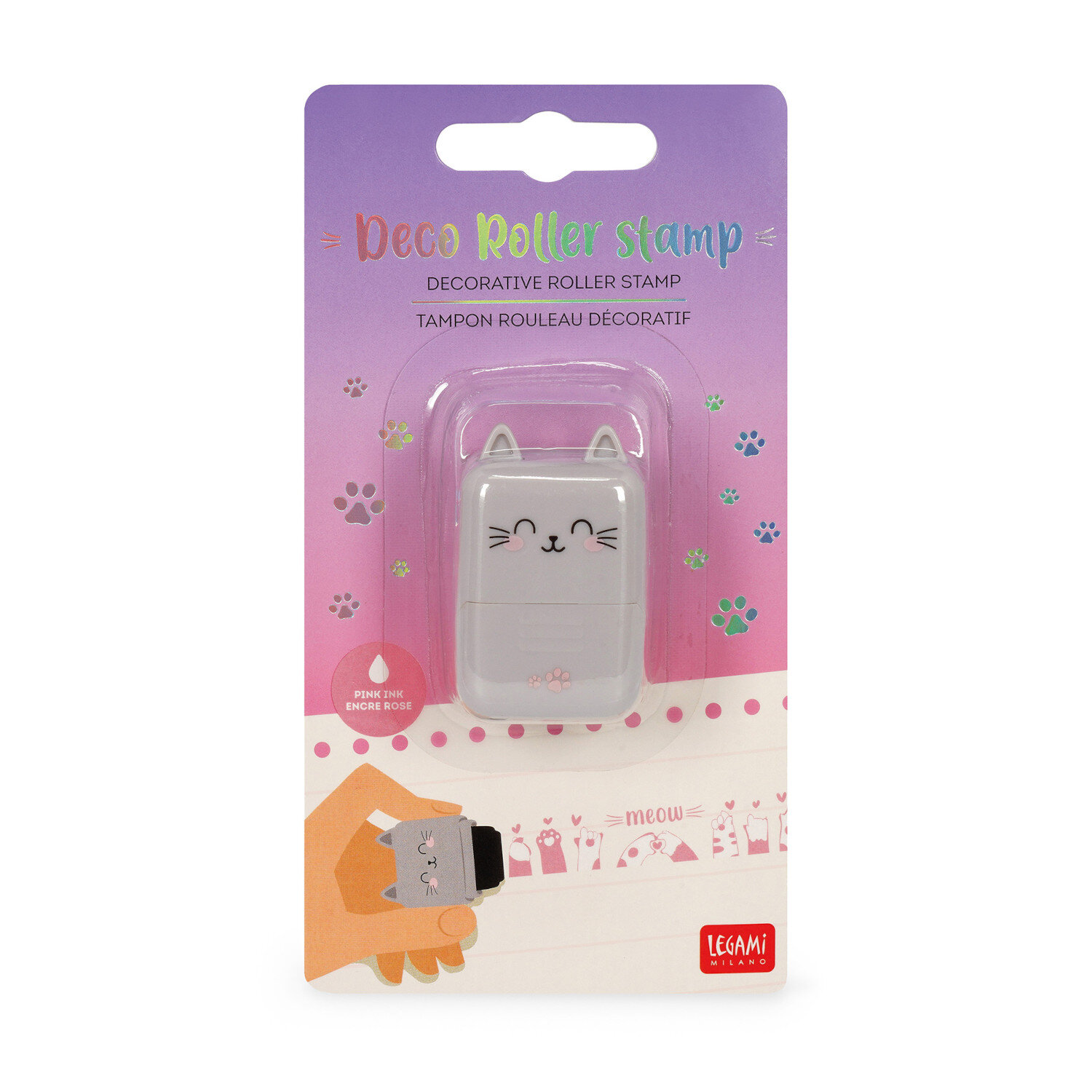 Deco Roller Stempel, dekorativer Roller-Stempel von Legami mit grauem Katzengesicht-Motiv, verpackt auf lila-pinker Karte mit Pfotenabdrücken