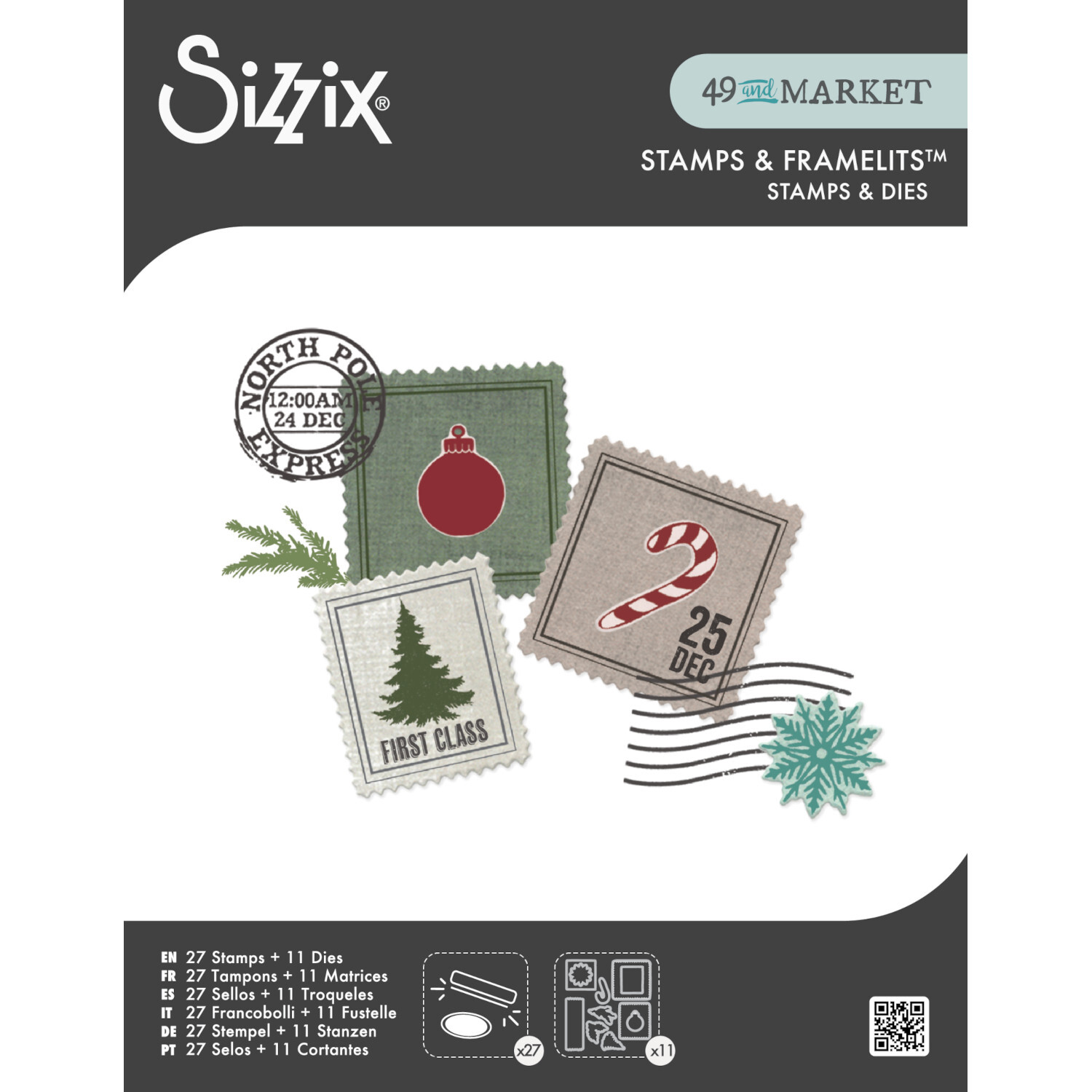 Clear Stamps \/ Framelits Special Dilevery Briefmarken, 38-teilig, von Sizzix. Enthält weihnachtliche Motive in verschiedenen Farben.