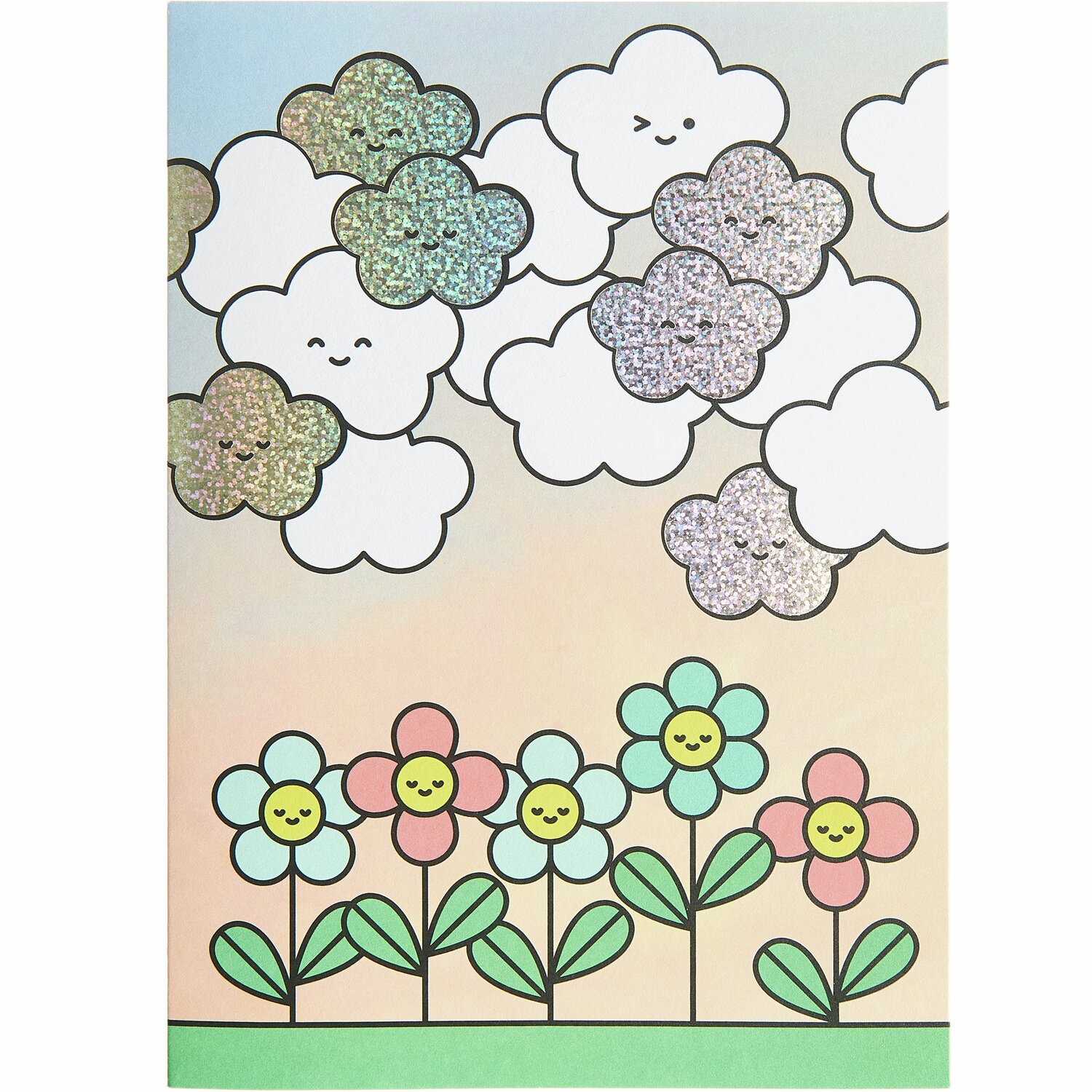 Paper Poetry 3D-Kartenset Chingu mit glitzernden Wolken und bunten Blumen auf pastellfarbenem Hintergrund.