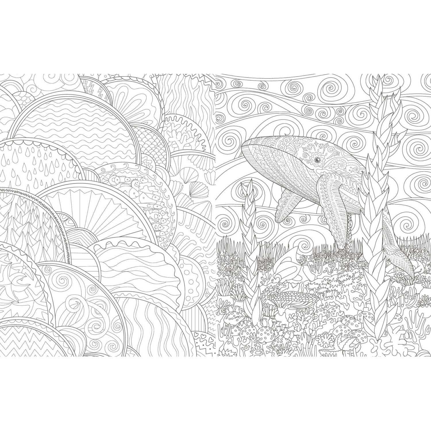 Colorful Mandala - Traumreise: Detailliertes Ausmalbild mit Wal und abstrakten Mustern. Ideal für kreative Entspannung und künstlerische Gestaltung.