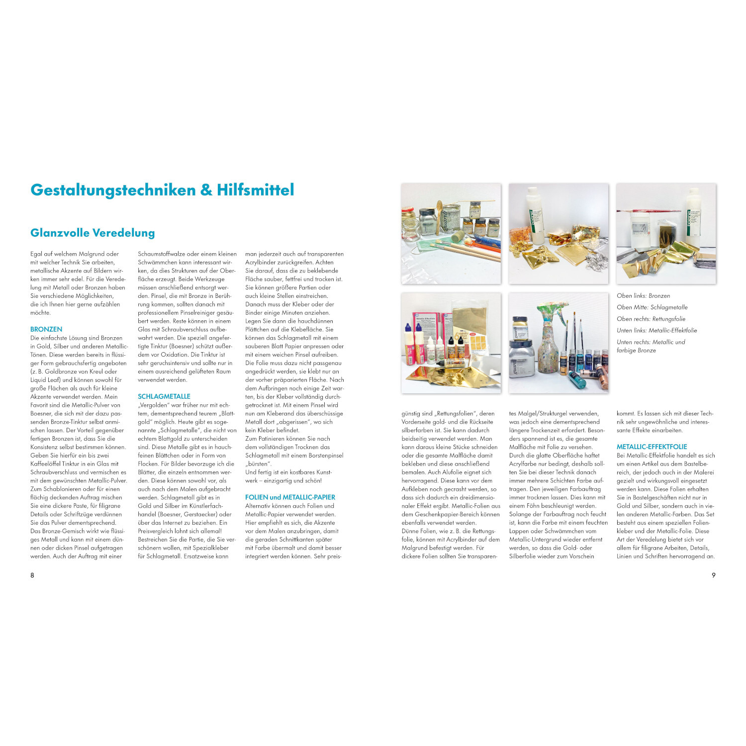 Abstrakte Bilder in Acryl malen von Christophorus Verlag in der Christan Verlag Abstrakte Bilder in Acryl malen: Doppelseite mit Text zu Techniken und Fotos von Malutensilien.