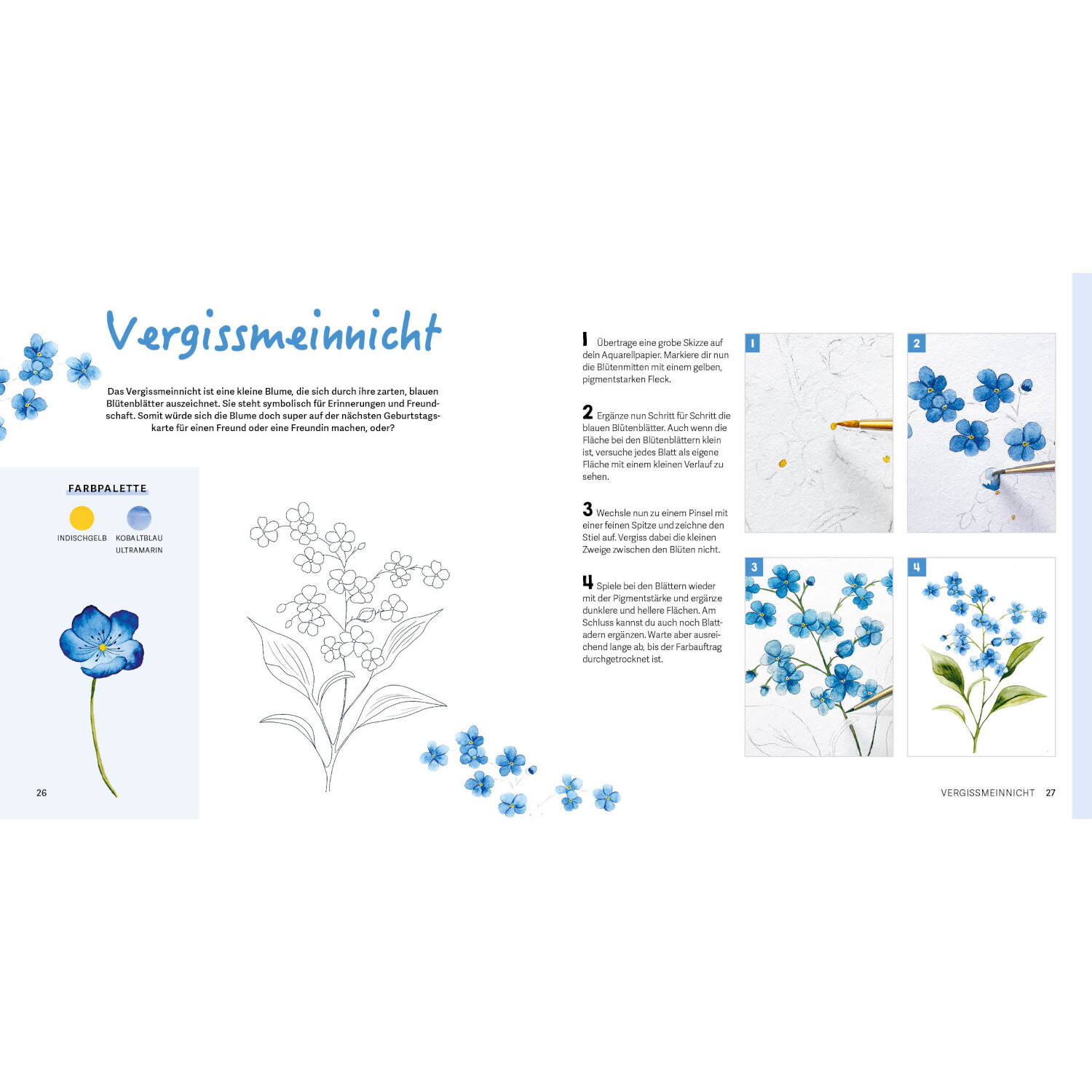 Mini Watercolor - Blumen: Anleitung zum Malen von blauen Vergissmeinnicht mit Farbpalette.