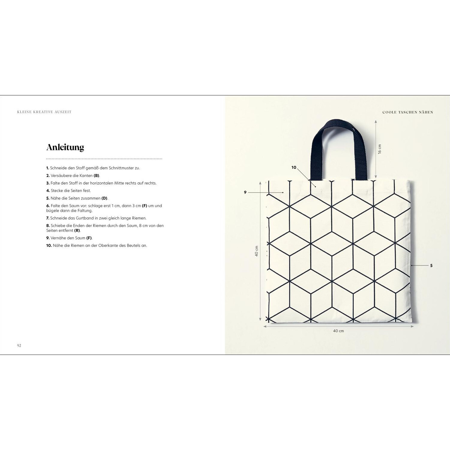 Kleine kreative Auszeit: Coole Taschen nähen. Anleitung zum Nähen einer geometrischen Stofftasche mit schwarzen Griffen.