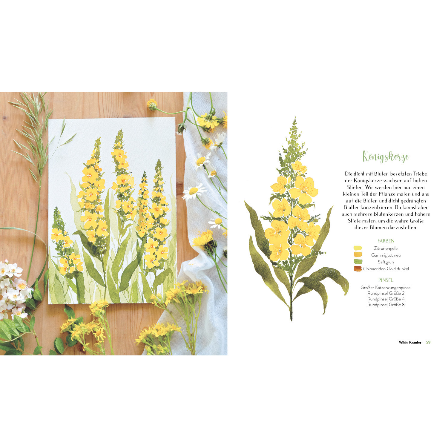 Wildflower Watercolor - Blumen Aquarelle malen von Edition Michael Fischer Wildflower Watercolor - Blumen Aquarelle malen: Gelbe Blumenillustration auf Holzuntergrund, umgeben von Blüten und Blättern.
