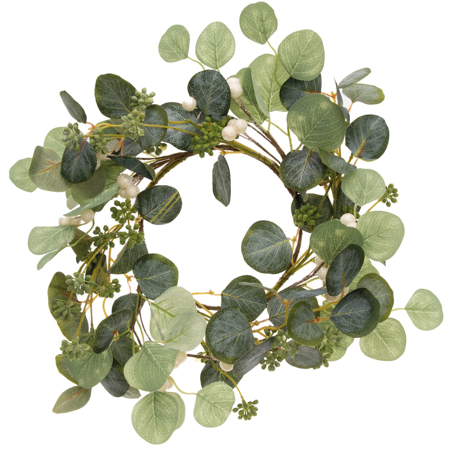 Eukalyptuskranz mit Glitter-Beeren weiß Ø17cm, dekorativer Kranz mit grünen Blättern und weißen Akzenten. Ideal für festliche Anlässe.