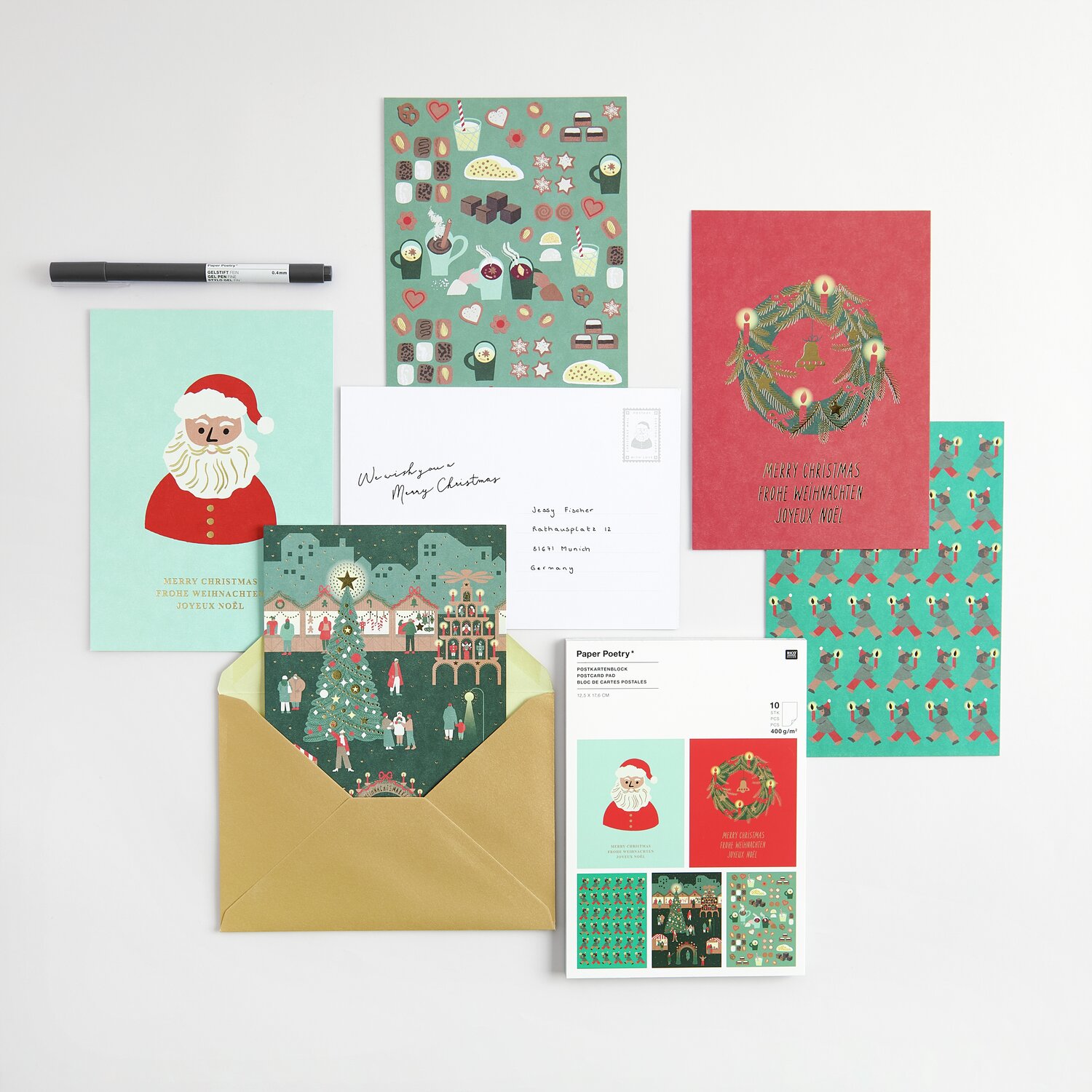 Paper Poetry Postkartenblock Weihnachtsmarkt 10 Stück 12,5x17,6cm von Rico Design Paper Poetry Postkartenblock Weihnachtsmarkt 10 Stück mit festlichen Motiven in Rot und Grün, ideal für Weihnachtsgrüße. Größe: 12,5x17,6cm.