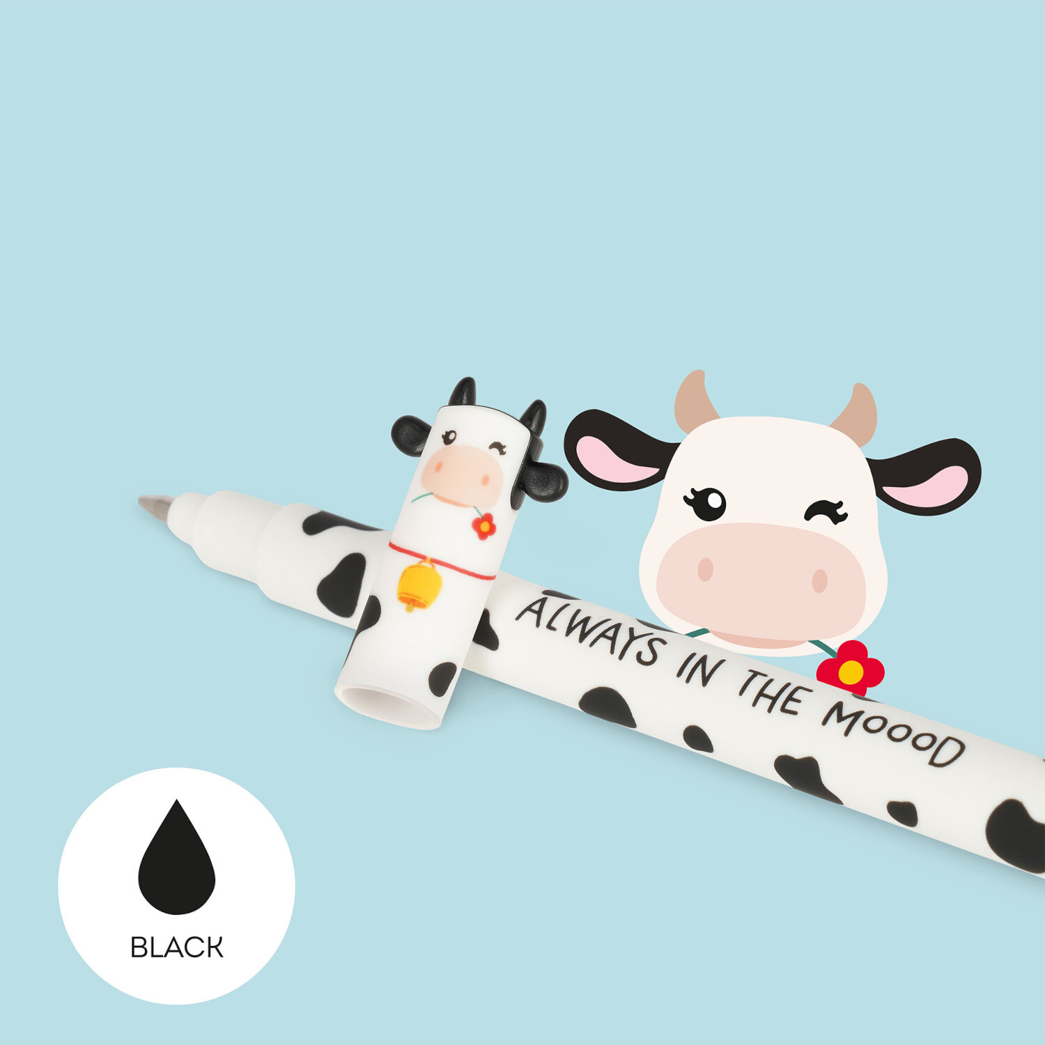 Erasable Gel Pen Set Farm Sweet Farm, schwarz, mit Kuhmotiv und Aufschrift "Always in the Mood". Perfekt für kreative Notizen.