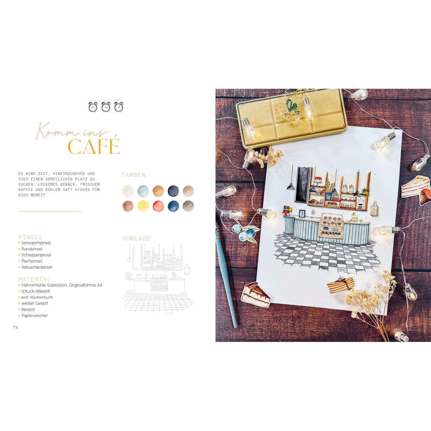 Secret Places - Watercolor: Illustration eines Cafés mit Pastellfarben und Lichterkette, EMF.