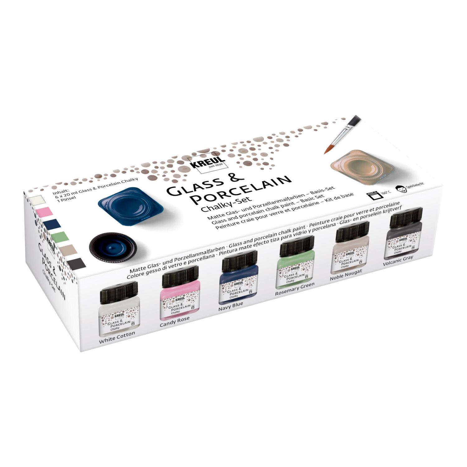 Glas- und Porzellanfarben Set Chalky, 6x20ml, KREUL. Enthält sechs Farben in Pastelltönen für kreative Designs auf Glas und Porzellan.