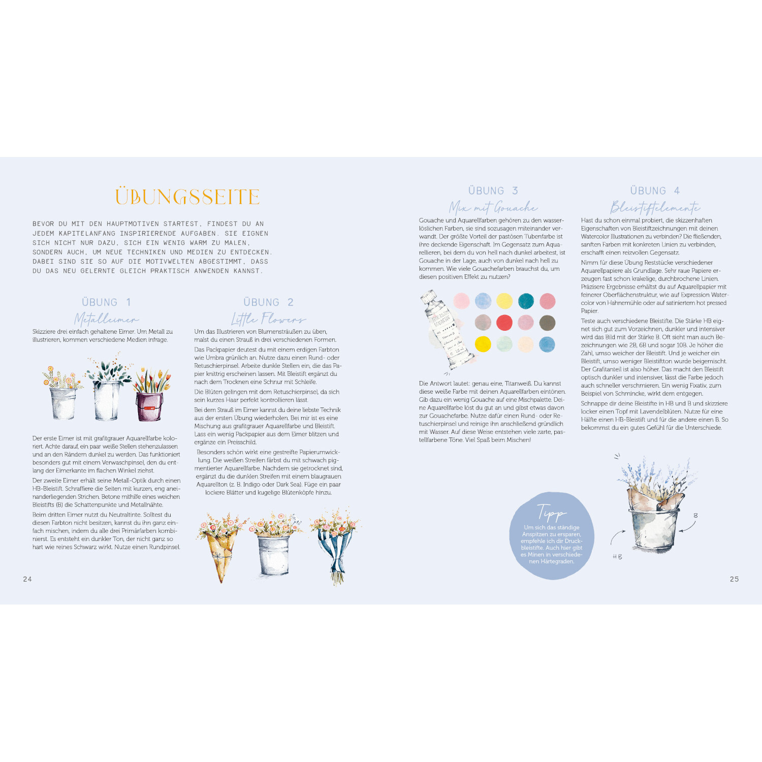 Secret Places - Watercolor: Übungsseite mit Anleitungen und Illustrationen in sanften Pastelltönen.