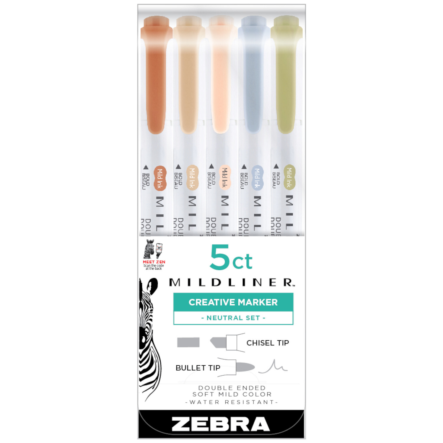 Mildliner Set Neutral Palette, 5-teilig, von ZEBRA. Kreative Marker in sanften Farben, doppelseitig mit Bullet- und Meißelspitze.