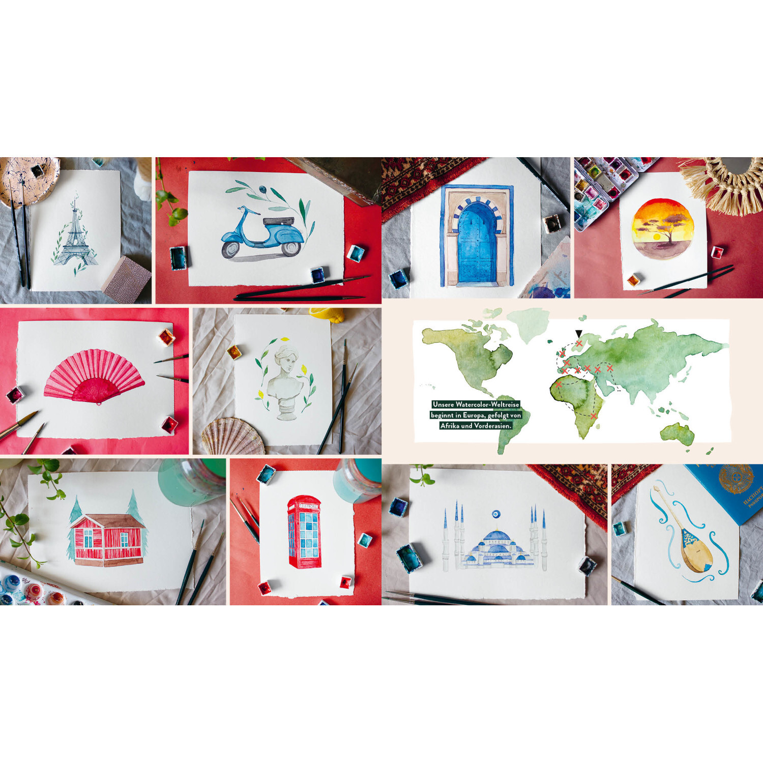 Meine große Watercolor-Reise: Verschiedene Aquarellbilder, darunter ein Roller, eine Tür und eine Weltkarte, auf bunten Hintergründen arrangiert.