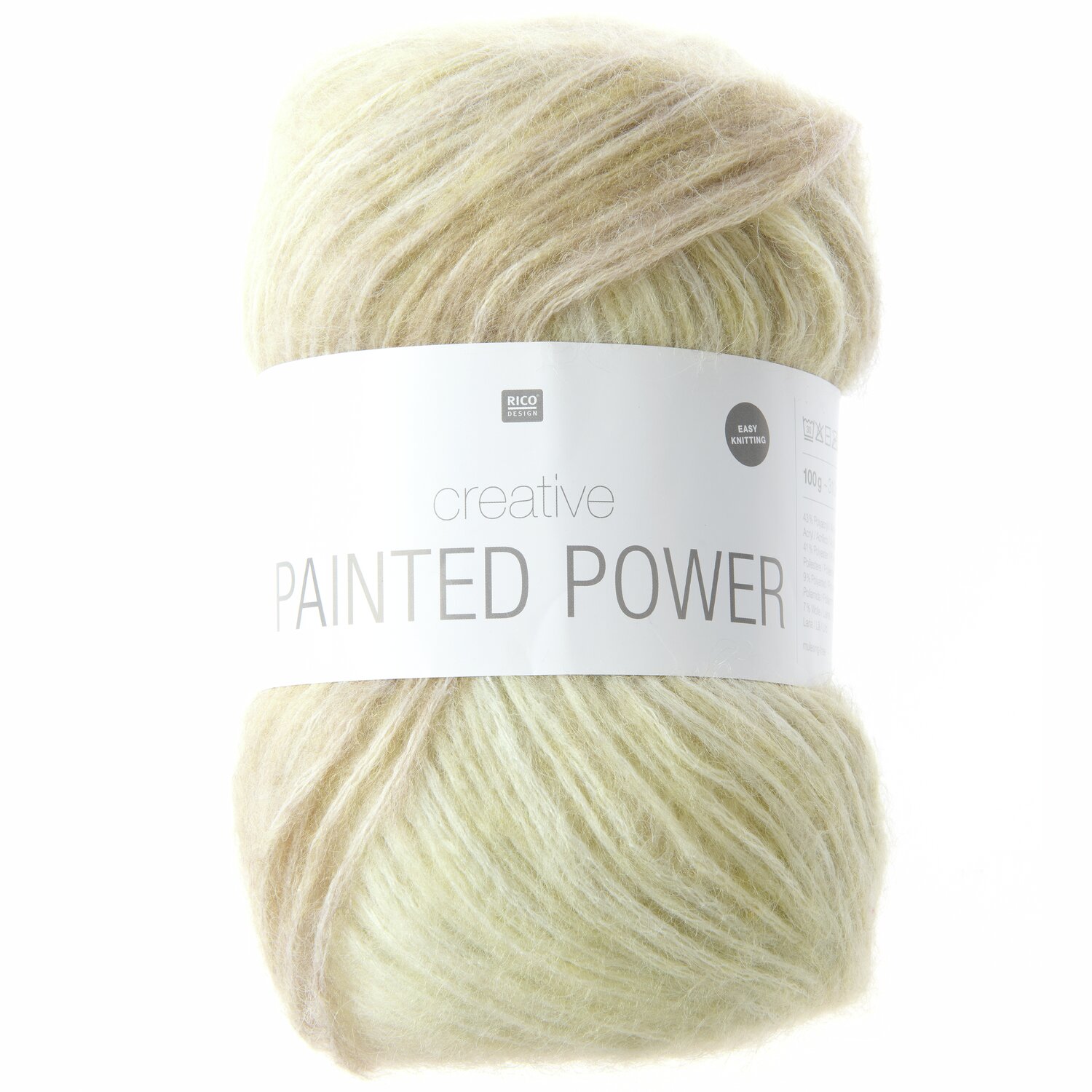 Creative Painted Power: Weiches Garn in sanften Gelbtönen, ideal für Strickprojekte. Marke: Rico Design.