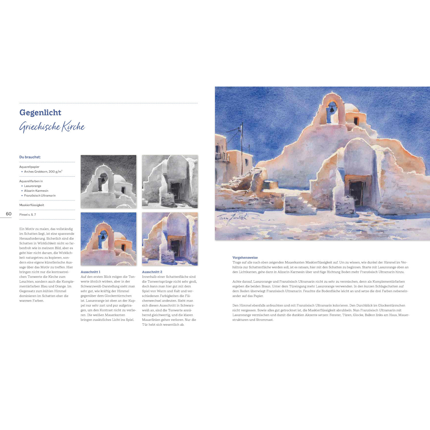 Aquarellmalerei Licht & Schatten: Doppelseite mit griechischer Kirche in sanften Blautönen.