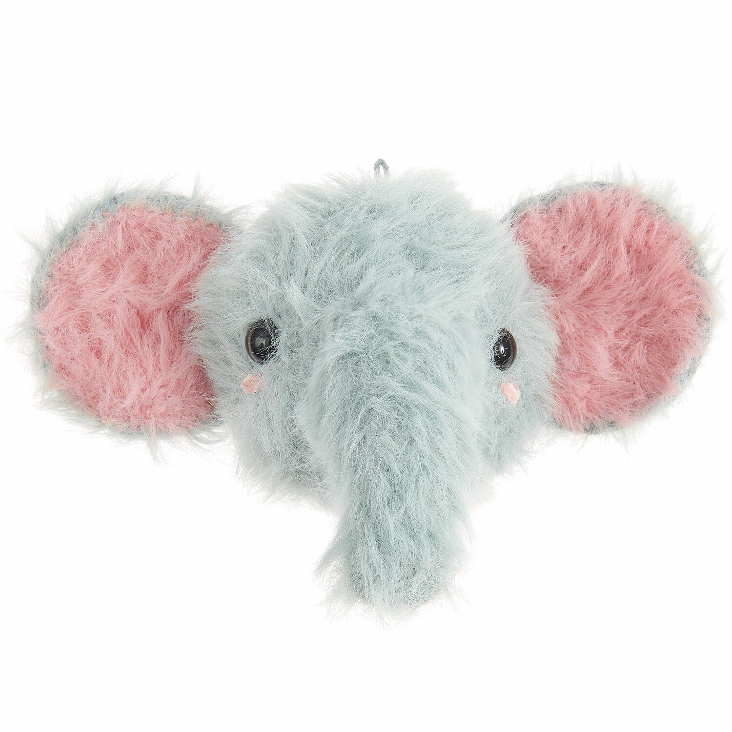Ricorumi Furry Animals: Flauschiger Elefantenkopf in Patina mit rosa Ohren und schwarzen Sicherheitsaugen. Ideal für kreative Dekorationen.