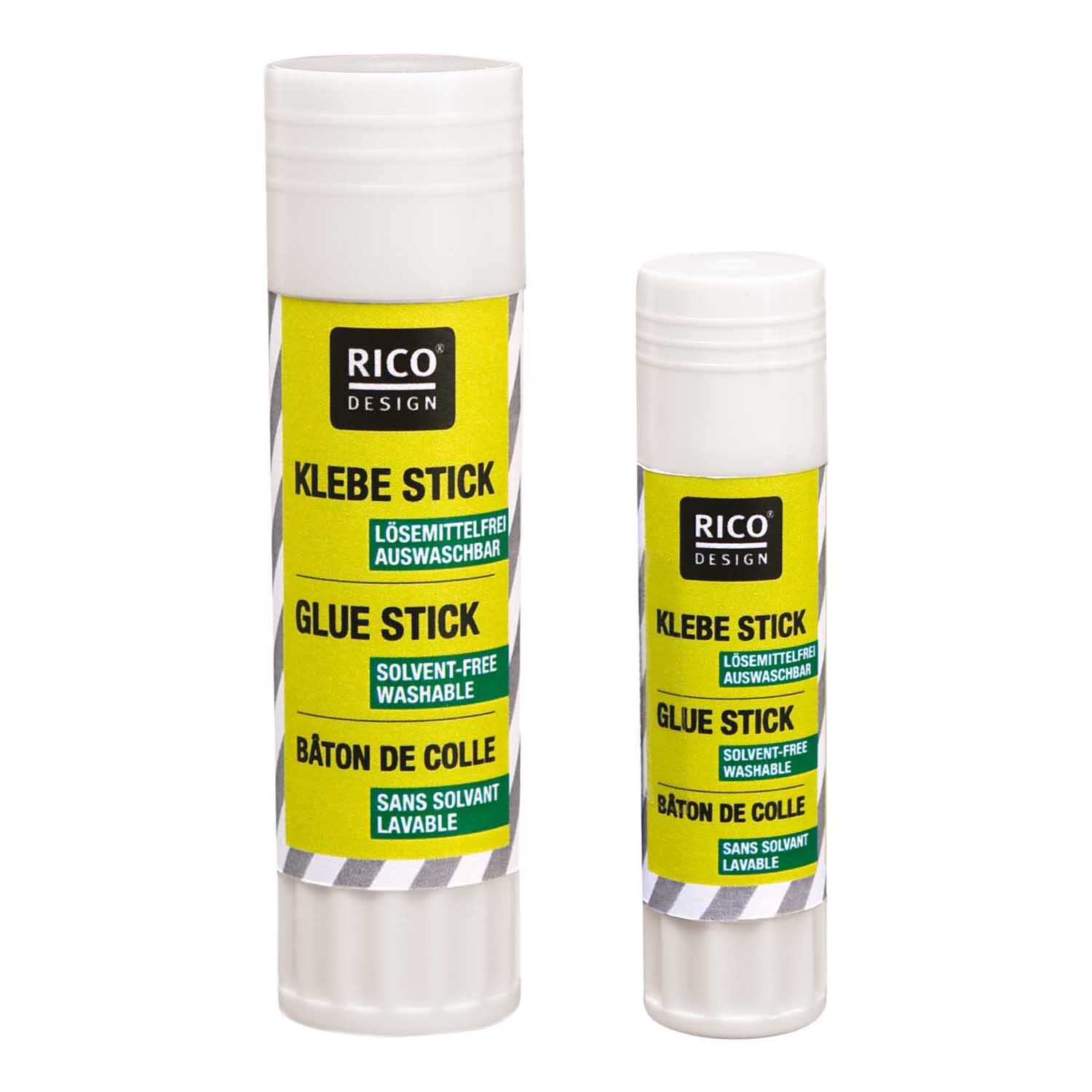 Klebestick von Rico Design in Weiß mit gelbem Etikett, lösemittelfrei und auswaschbar.