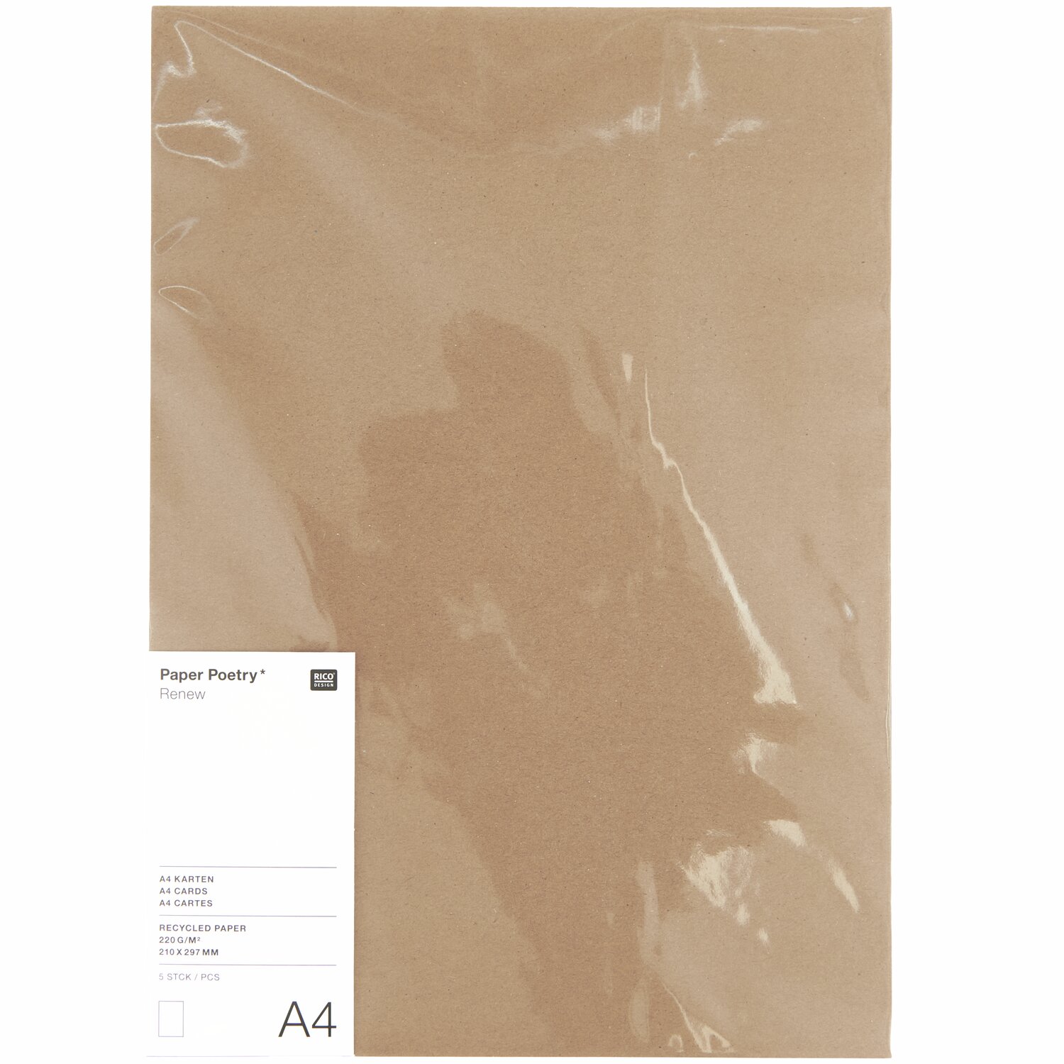 Paper Poetry Renew Karten A4, 5 Stück Kraftpapier von Rico Design, ideal für kreative Projekte.