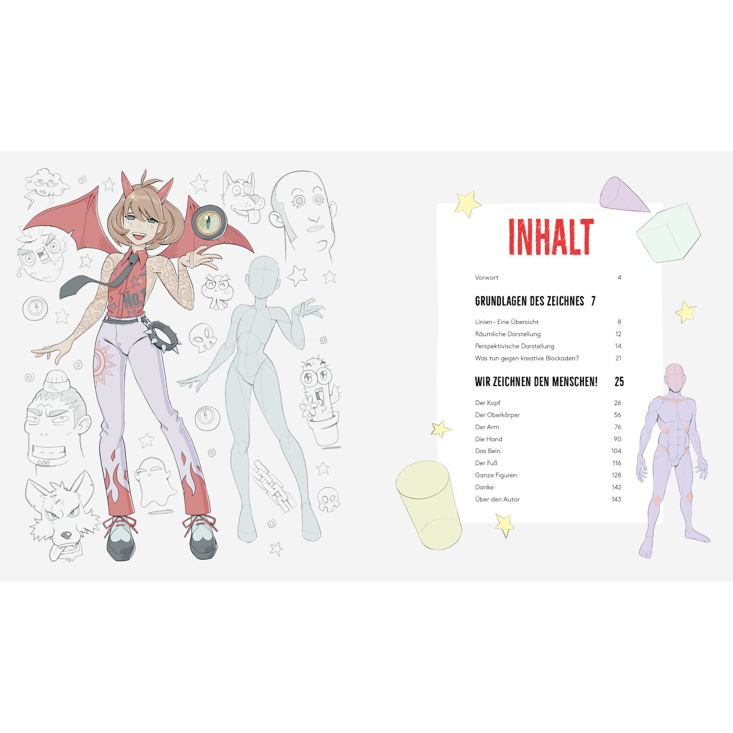 Der ultimative Zeichen-Workshop – Körper und Posen: Illustration mit Figuren und Inhaltsverzeichnis. Bunte Zeichnungen und Skizzen auf weißem Hintergrund.