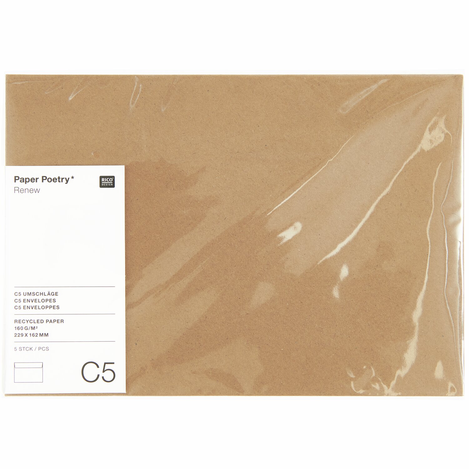 Paper Poetry Renew Umschläge C5 aus Kraftpapier, 5 Stück, von Rico Design, in natürlichem Braunton. Ideal für stilvolle Briefsendungen.