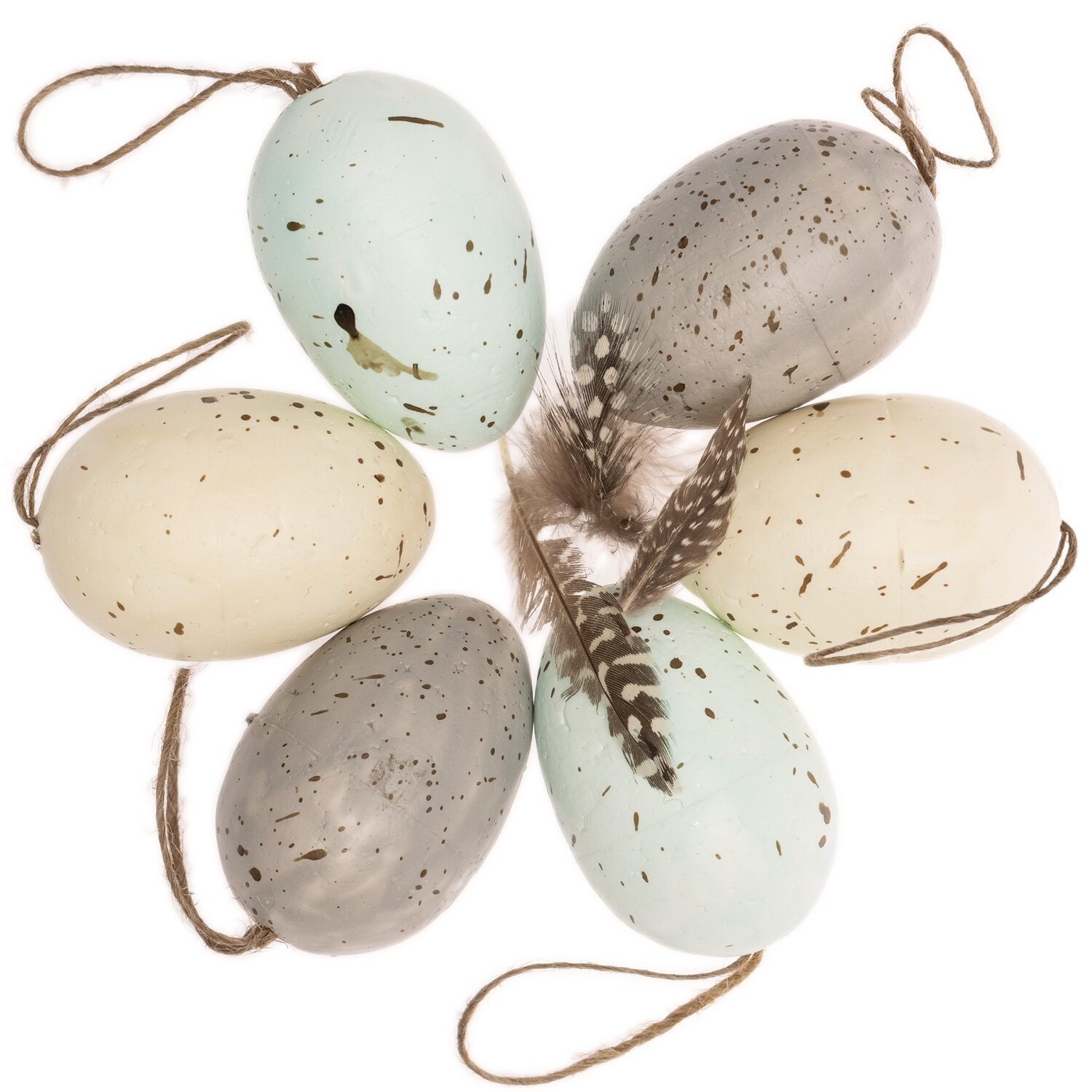 Eier mit Federn pastell Mix 6cm 6 Stück: Sechs dekorative, mehrfarbige Ostereier mit Federn und Aufhängern.