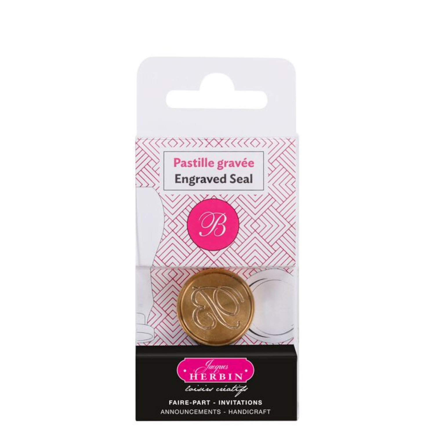 Siegelplatte Buchstabe, graviertes Siegel in Gold mit Buchstabenmotiv, ideal für Einladungen. Verpackung in Rosa und Schwarz.