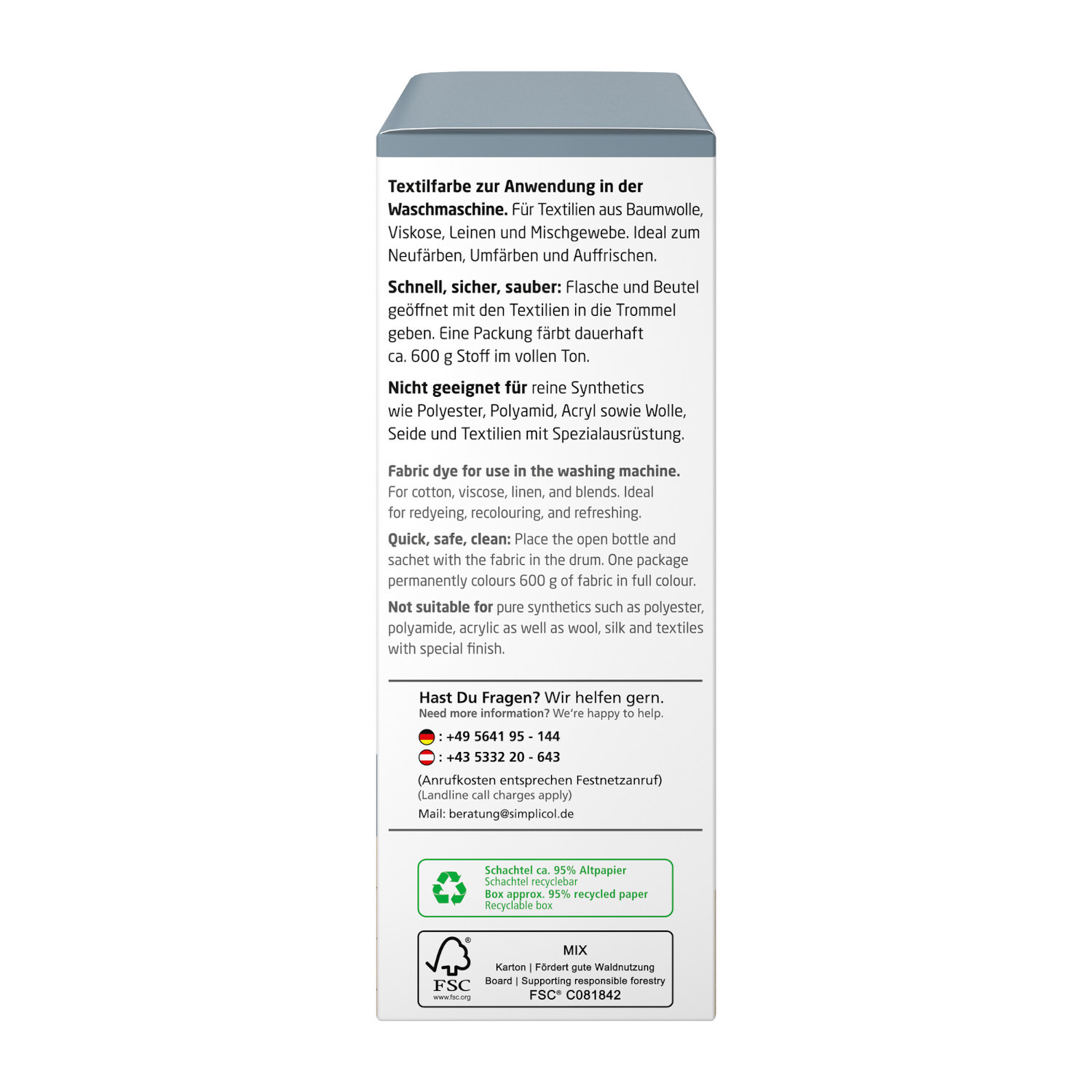 Textilfarbe intensiv 150ml, simplicol: Verpackung mit Anwendungshinweisen für Textilien. Elegantes Grau für Baumwolle und Leinen.