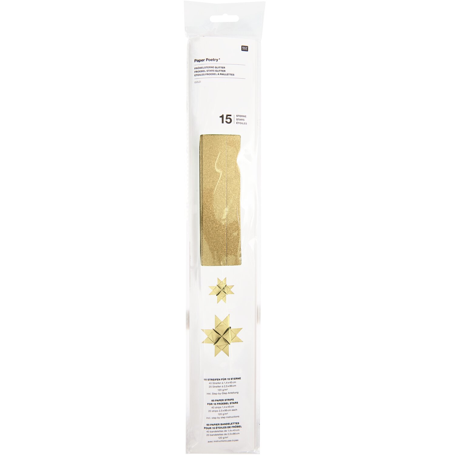 Paper Poetry Fröbelstreifen Glitter M+L, 60 Stück von Rico Design im langen Beutel, funkelnde Streifen für dekorative Sterne und weihnachtliche Bastelprojekte