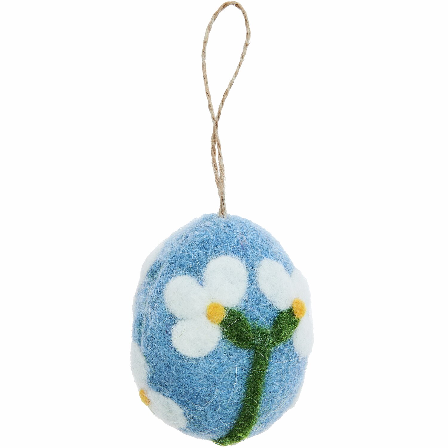 Aufhänger Filz-Ei Apfelblüte: Blaues Filz-Ei mit weißen Blüten und grünem Stiel, 7,8xØ5,8cm.