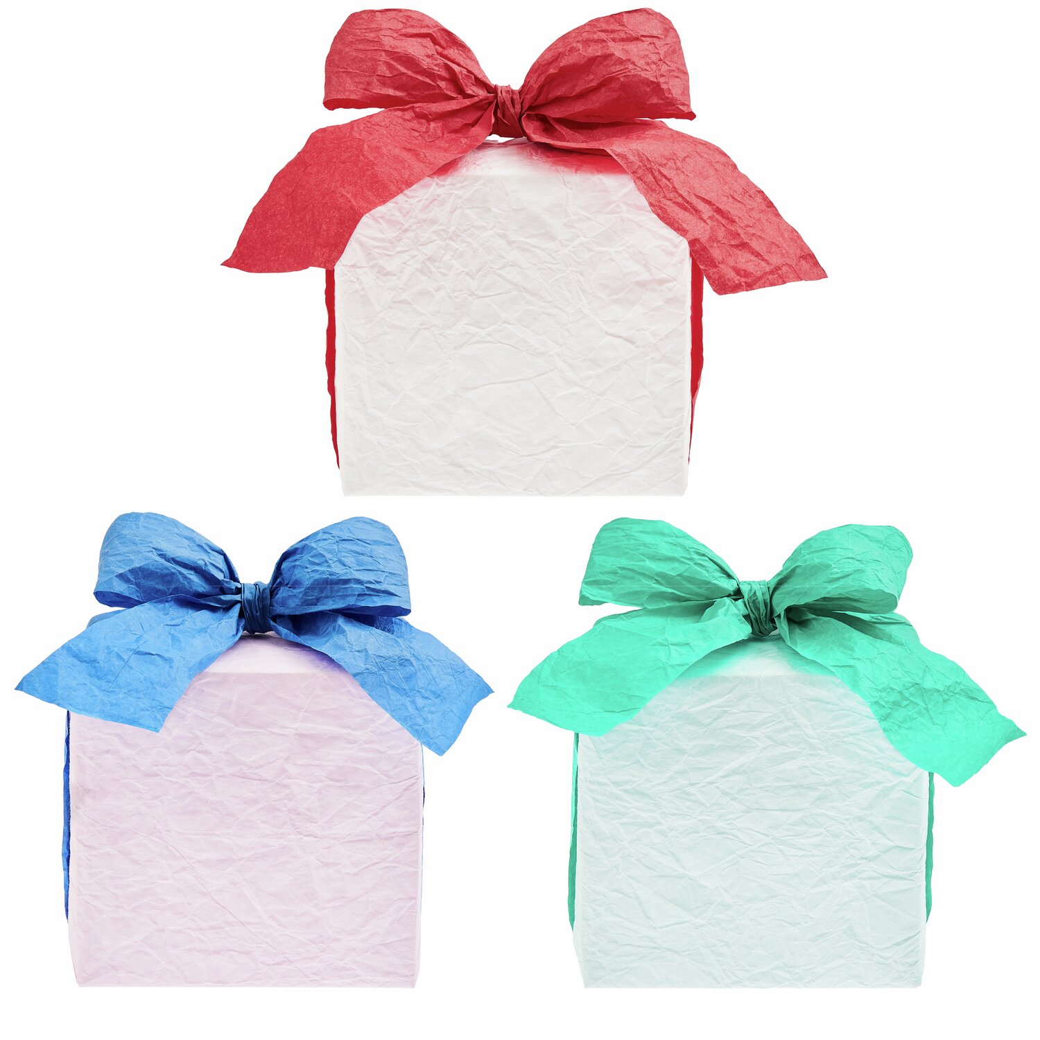 Knitter Papierbänder 3 Stück, Geschenkpapier in Rot, Blau und Grün, dekorativ verpackt.