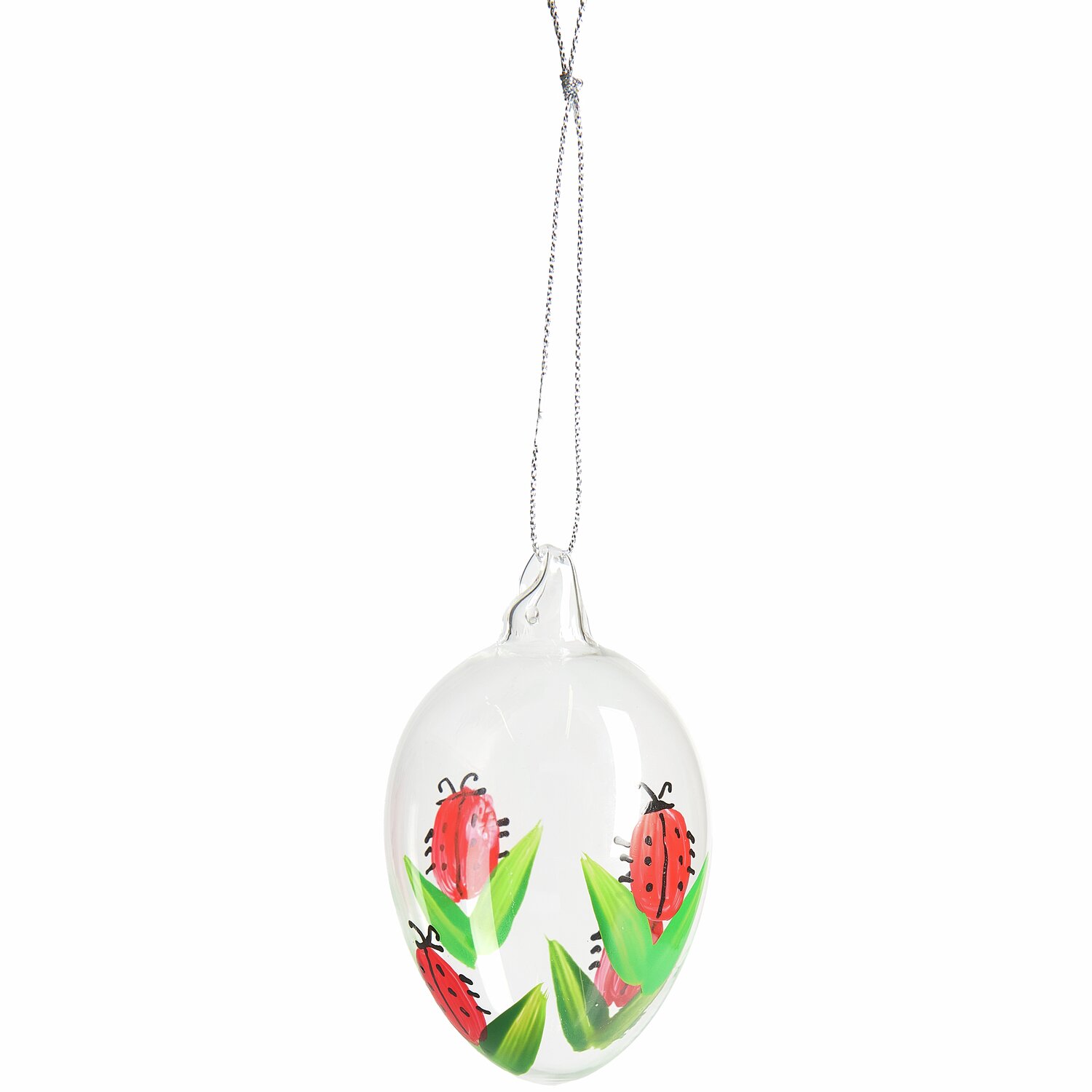 Glas Eier Erdbeeren/Marienkäfer 4 Stück: Dekoratives Glasei mit roten Marienkäfern und grünen Blättern, hängend an silbernem Faden.