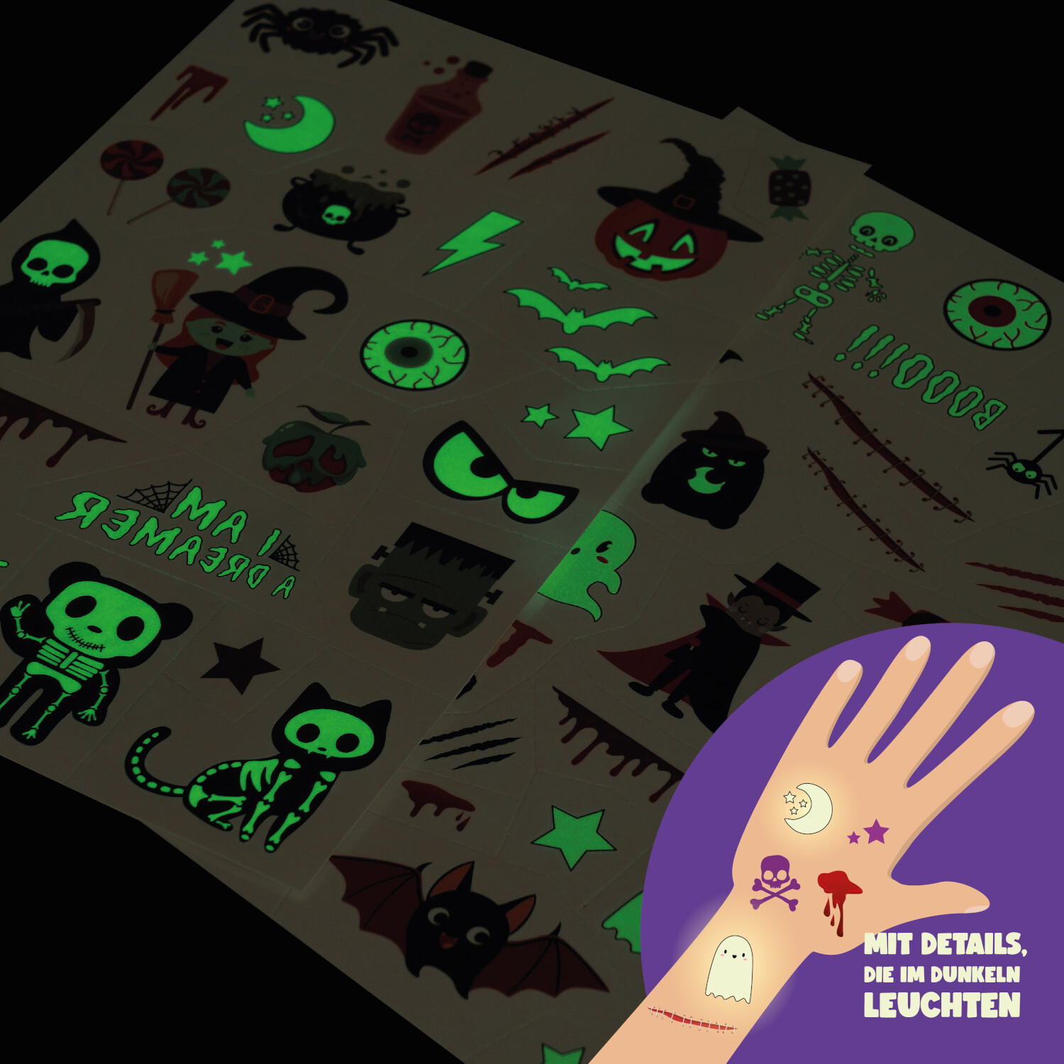 Tattoos Halloween Edition: Leuchtende Tattoos mit gruseligen Motiven wie Kürbissen und Geistern. Perfekt für Halloween-Partys und Kostüme.