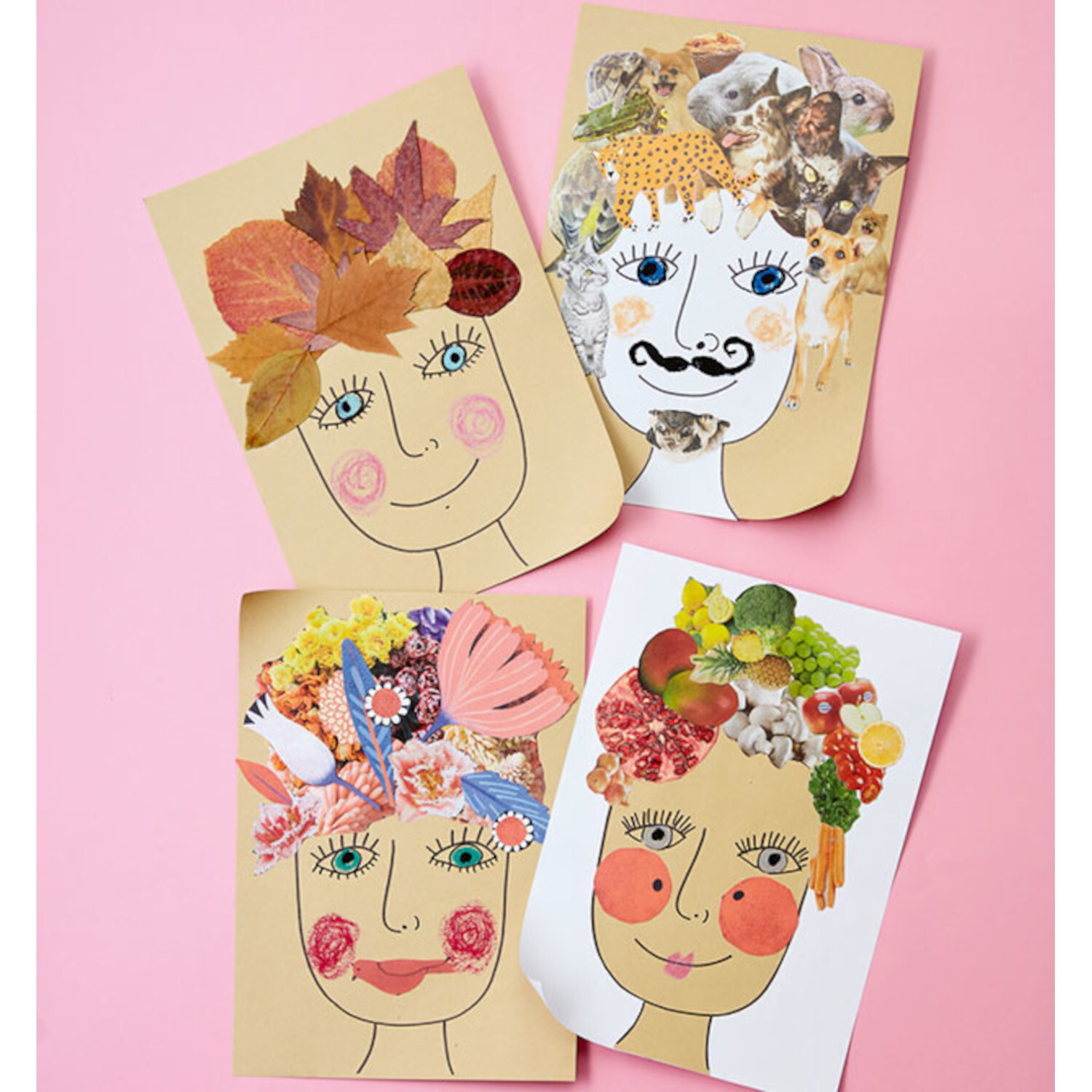 365 Rund-ums-Jahr-Bastelideen: Vier kreative Collagen auf rosa Hintergrund, ideal für DIY-Projekte.