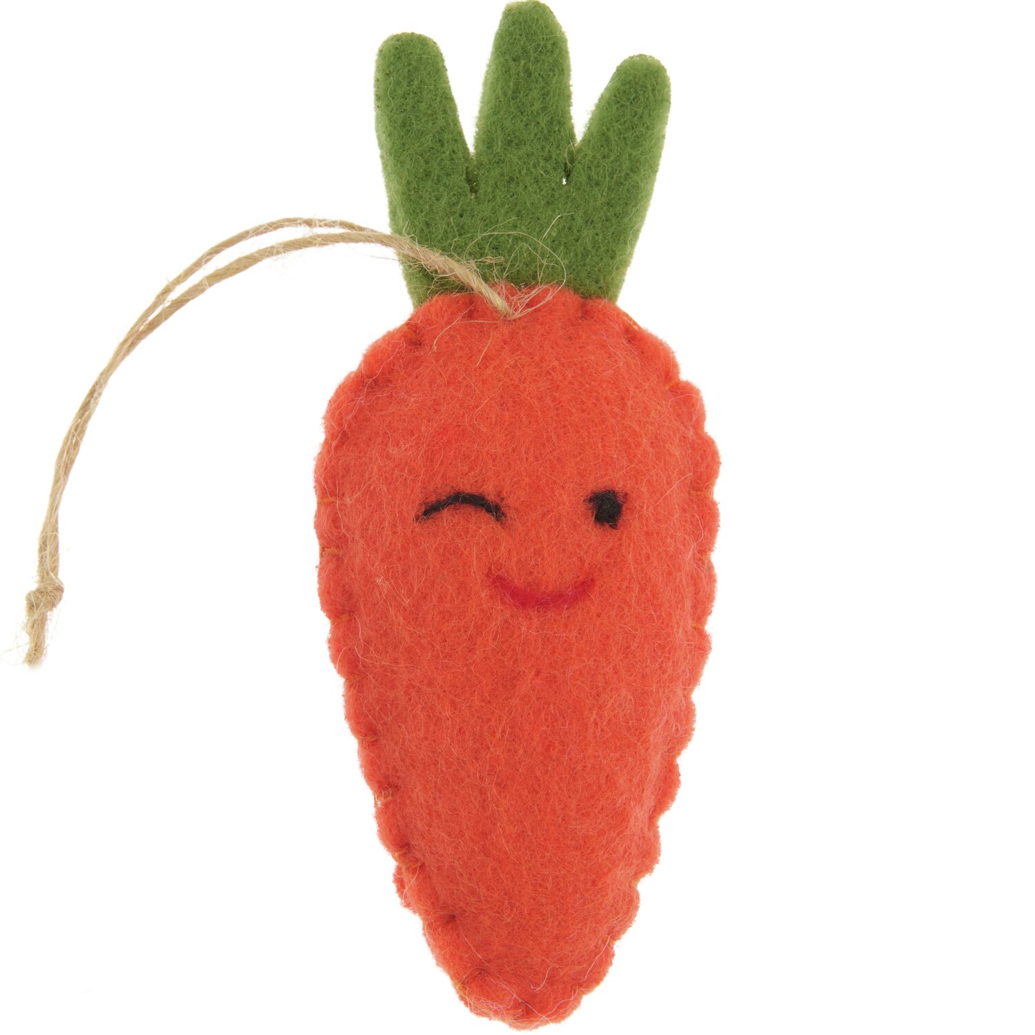 Aufhänger Filz-Möhre Zwinkernd 2D: Orangefarbene Filzmöhre mit grünem Blattwerk, zwinkerndes Gesicht, 11,4x4,6x2,3cm.