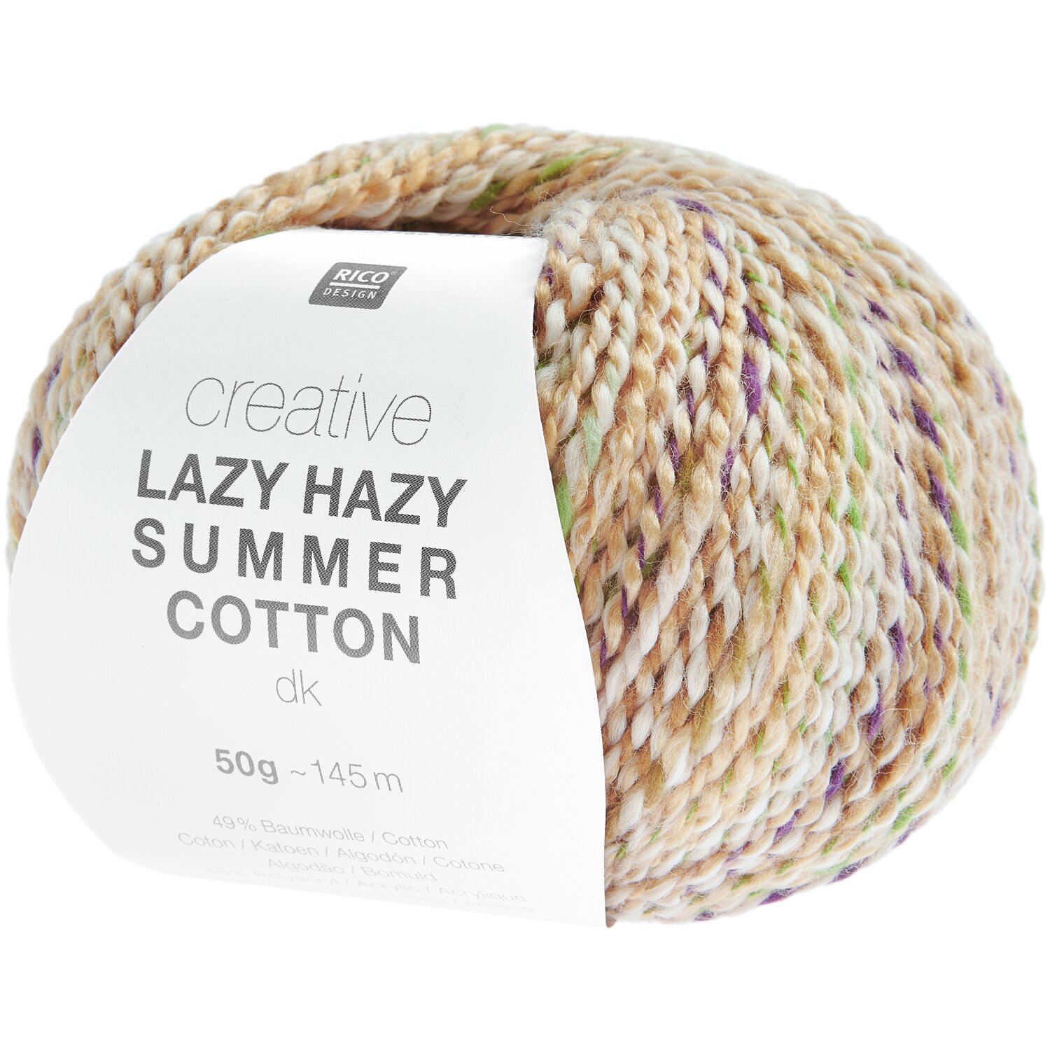 Creative Lazy Hazy Summer Cotton dk: Bunte Garnrolle von Rico Design, 50g, 145m, ideal für Sommerprojekte.