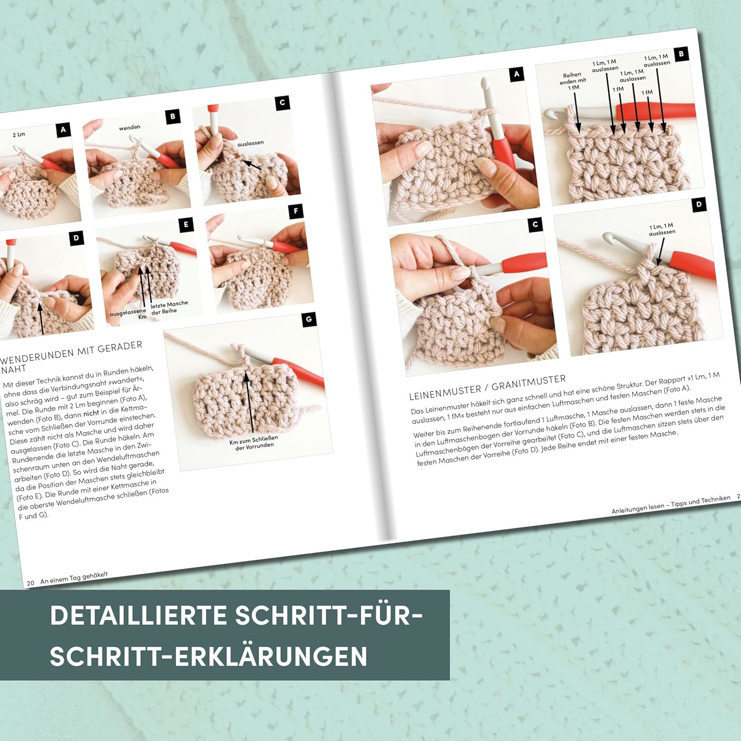 An einem Tag gehäkelt": Detaillierte Schritt-für-Schritt-Erklärungen in einem Buch von TOPP.